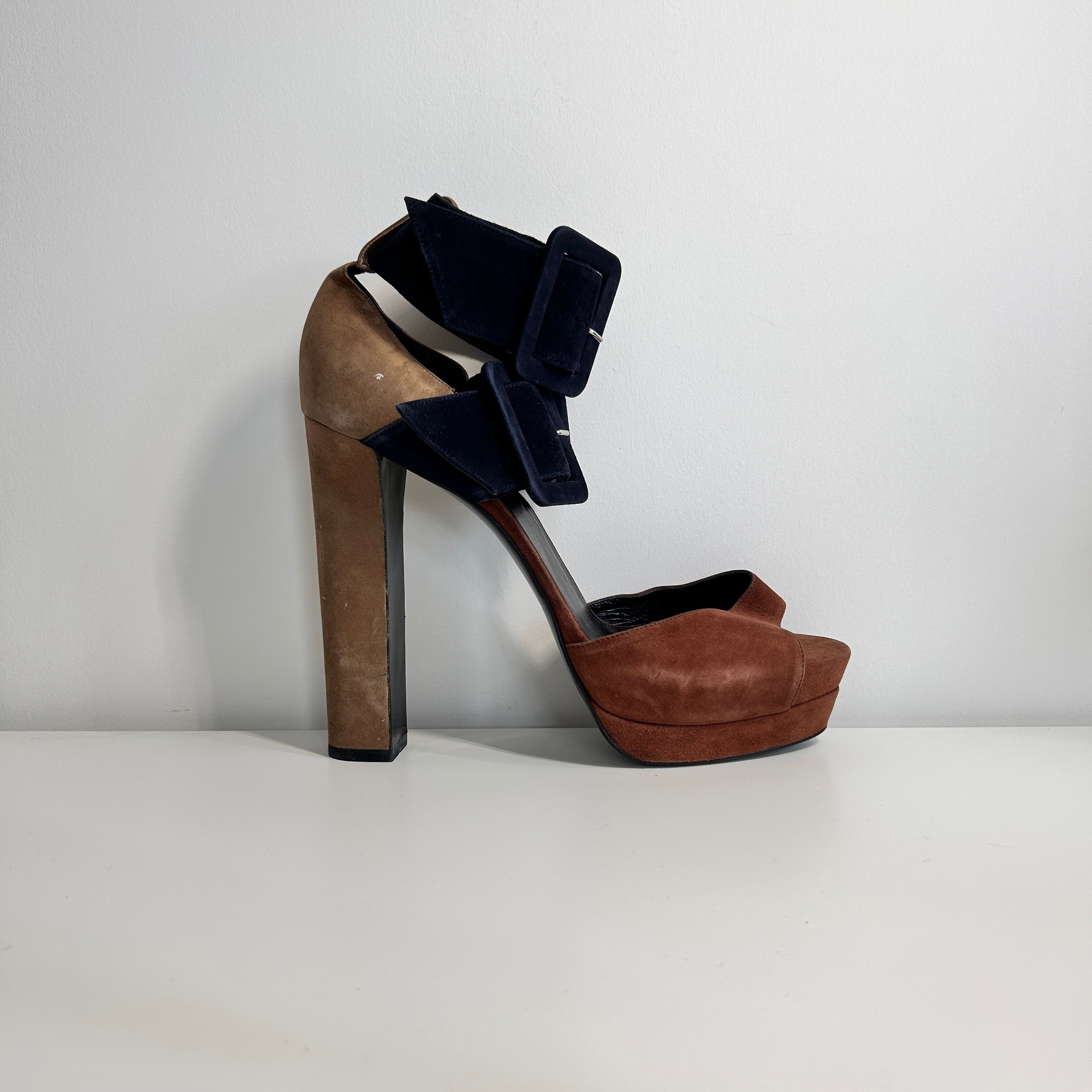 Brown/Black Suede Ankle Strap Platform Sandals