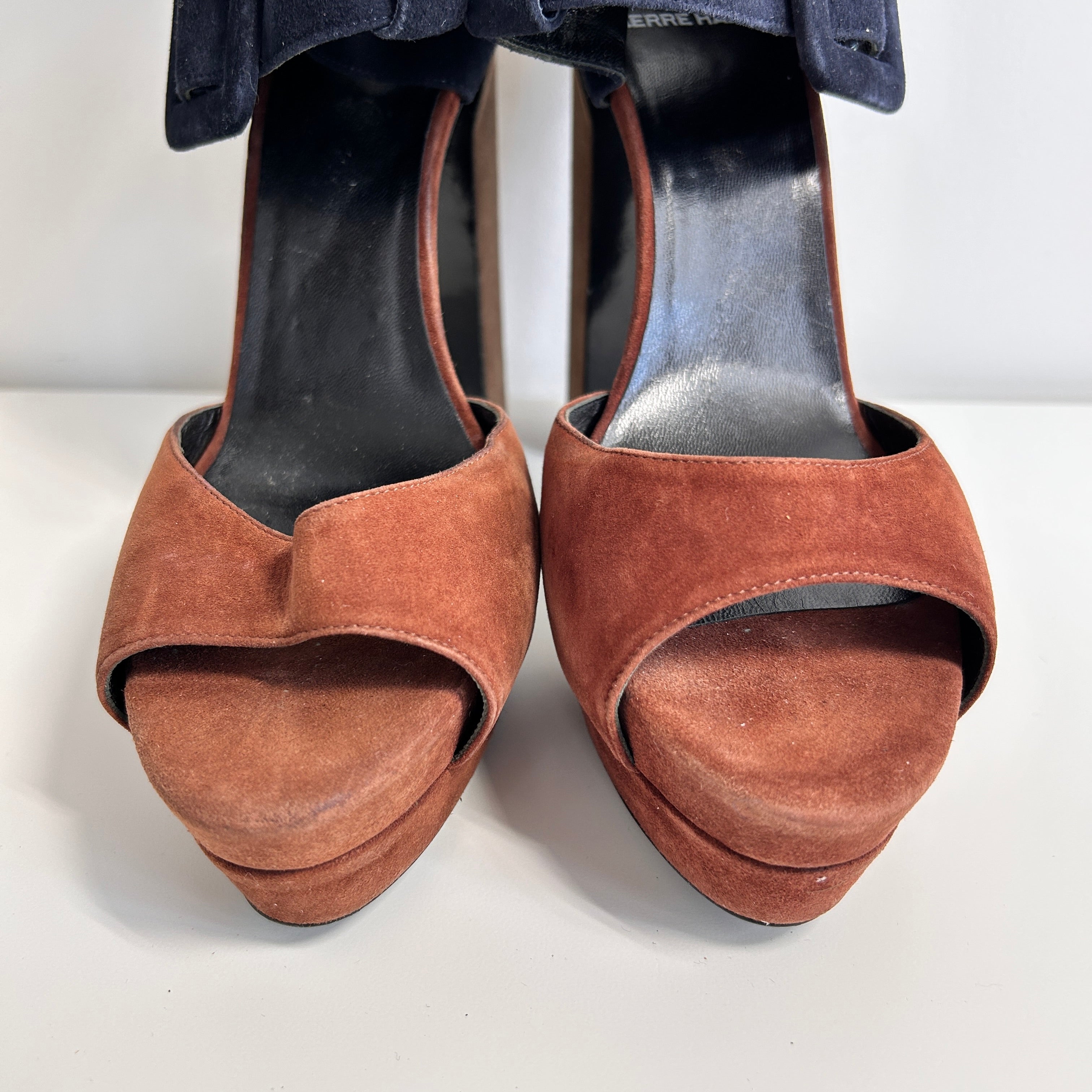 Brown/Black Suede Ankle Strap Platform Sandals