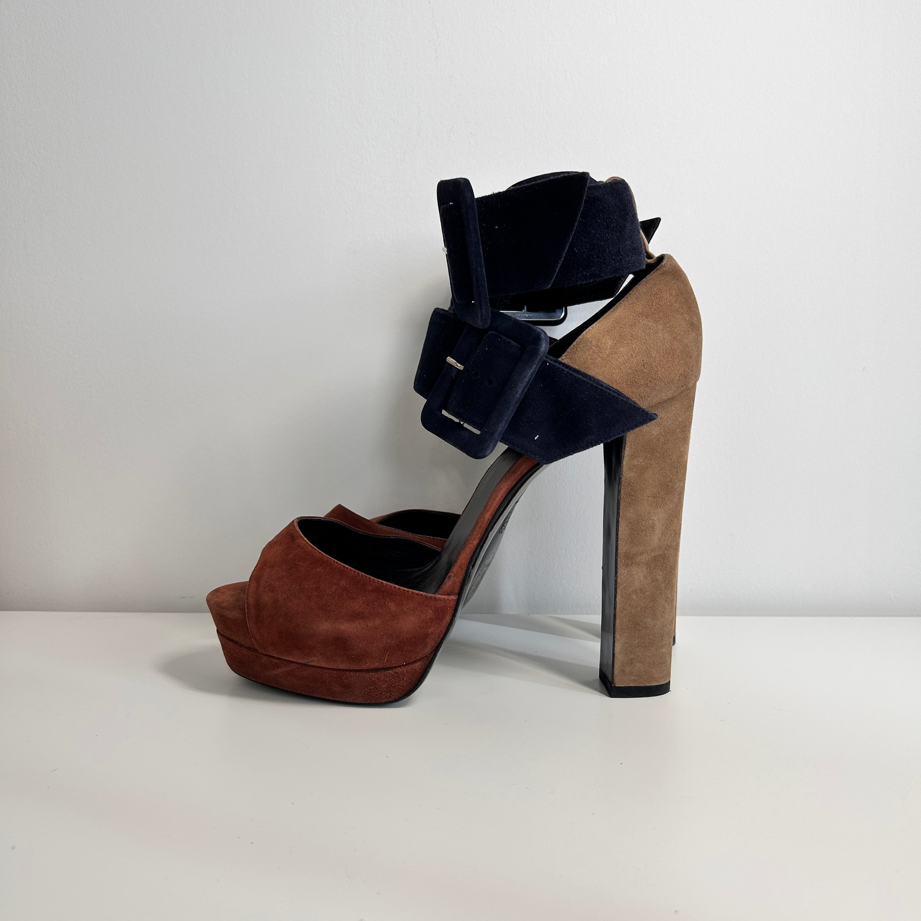 Brown/Black Suede Ankle Strap Platform Sandals
