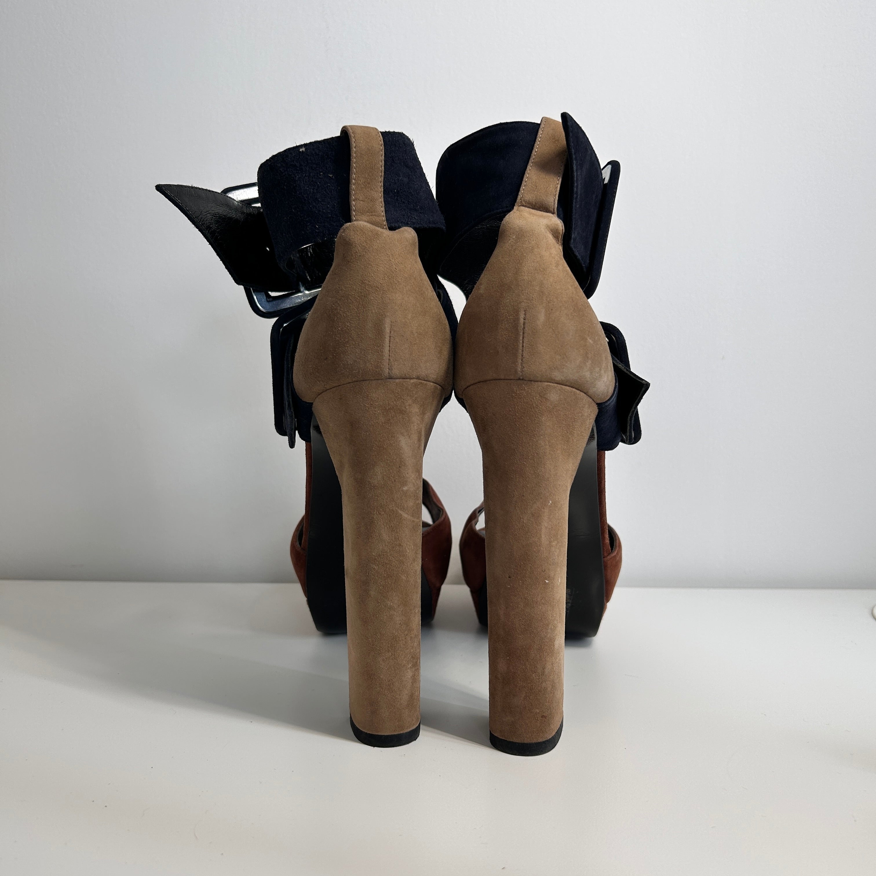 Brown/Black Suede Ankle Strap Platform Sandals