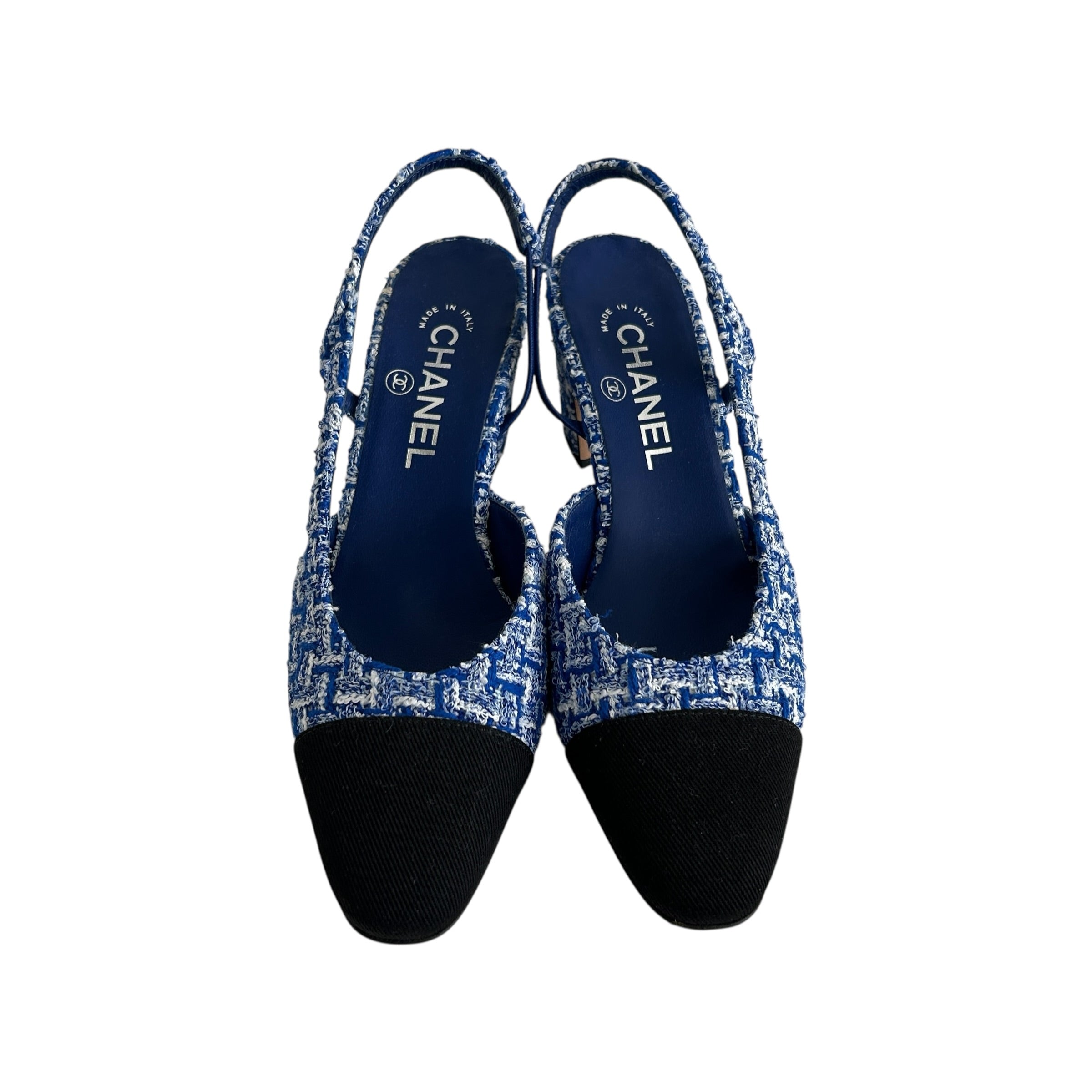 23P Blue/White Tweed Black Cap Toe Block Heel Slingbacks - Haute Classics