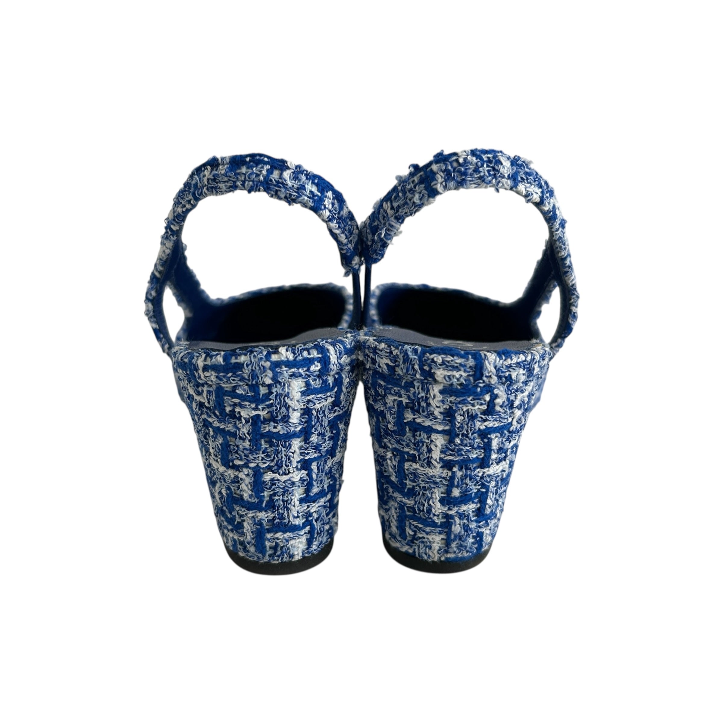 23P Blue/White Tweed Black Cap Toe Block Heel Slingbacks - Haute Classics