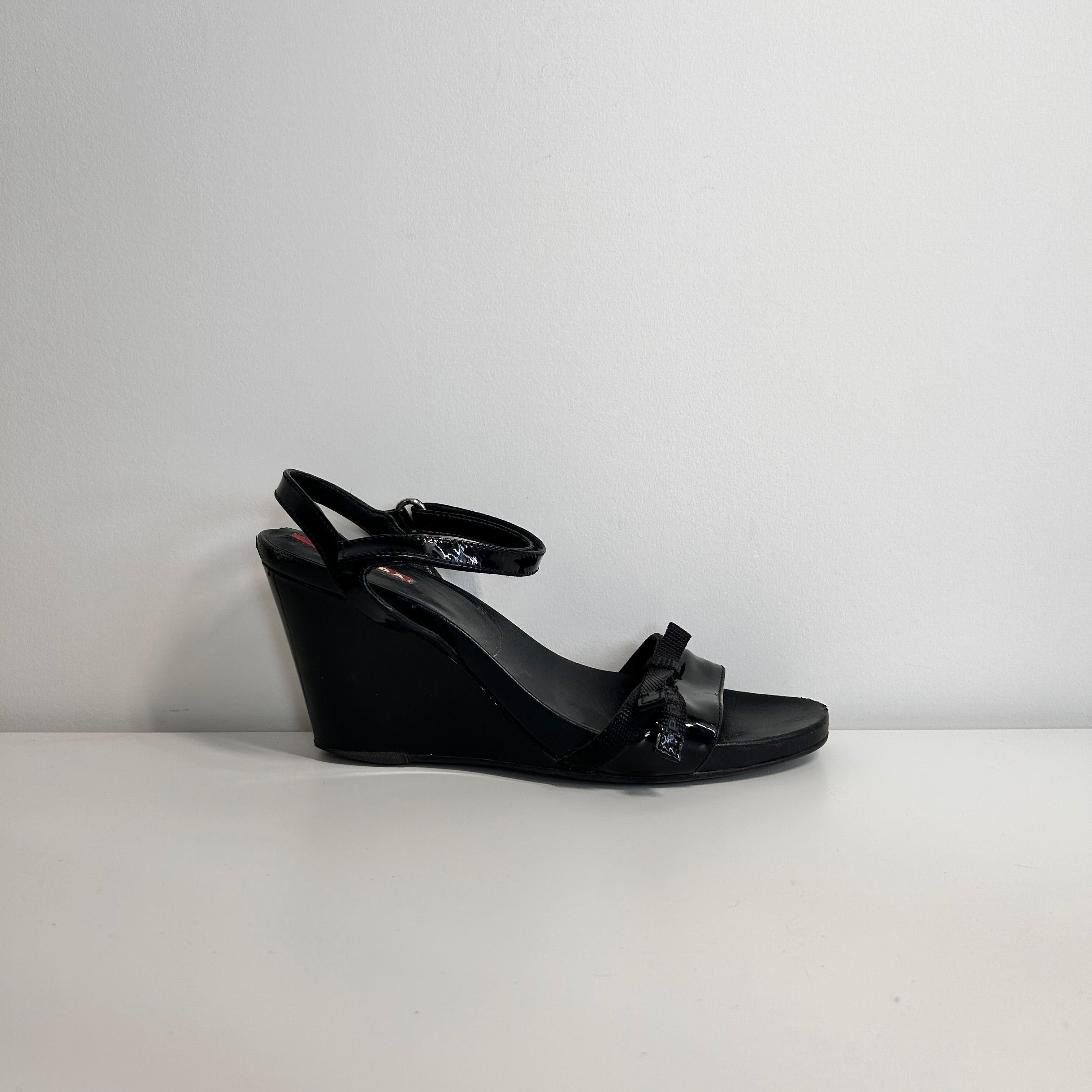 Black Patent Leather Sports Wedge Sandals
