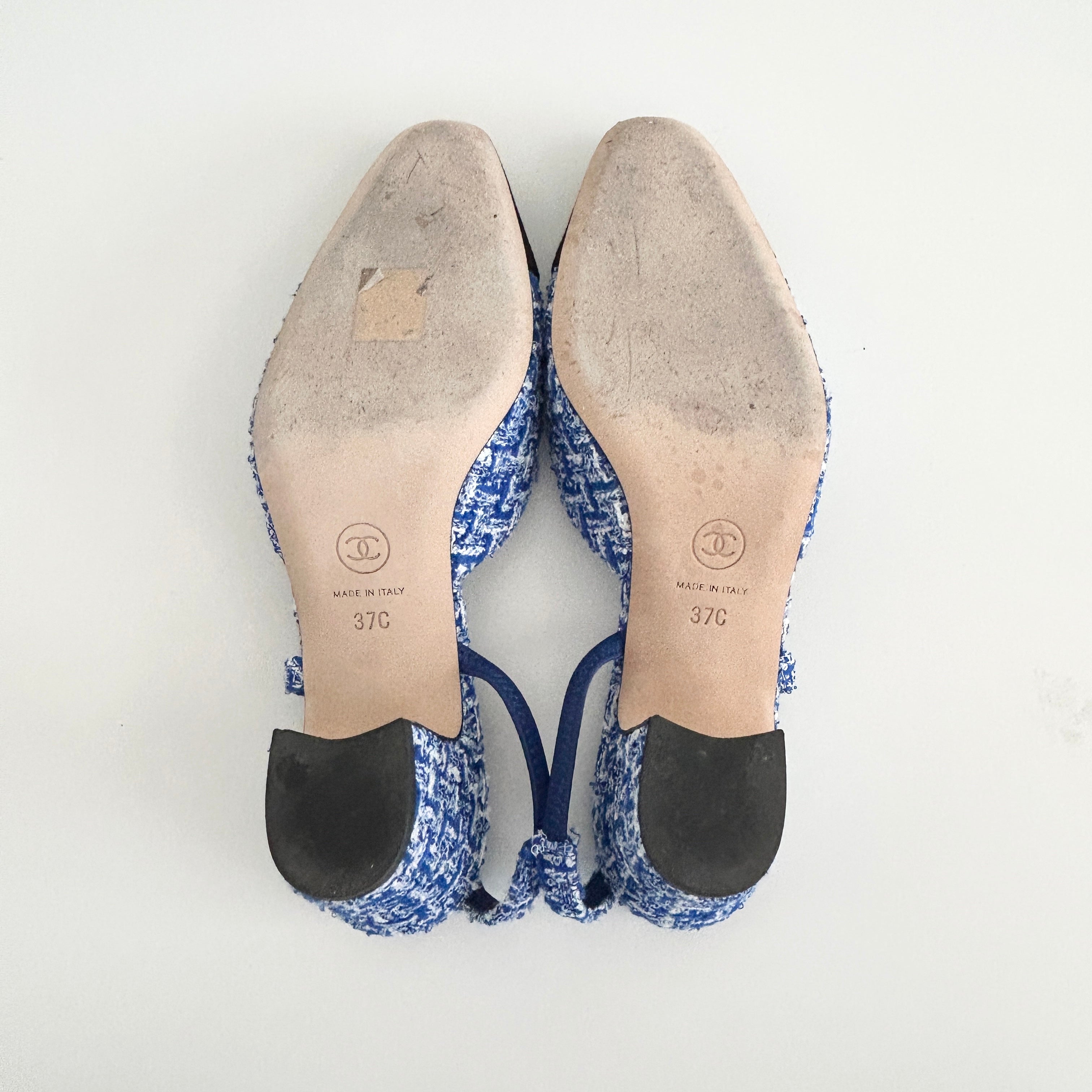 23P Blue/White Tweed Black Cap Toe Block Heel Slingbacks - Haute Classics