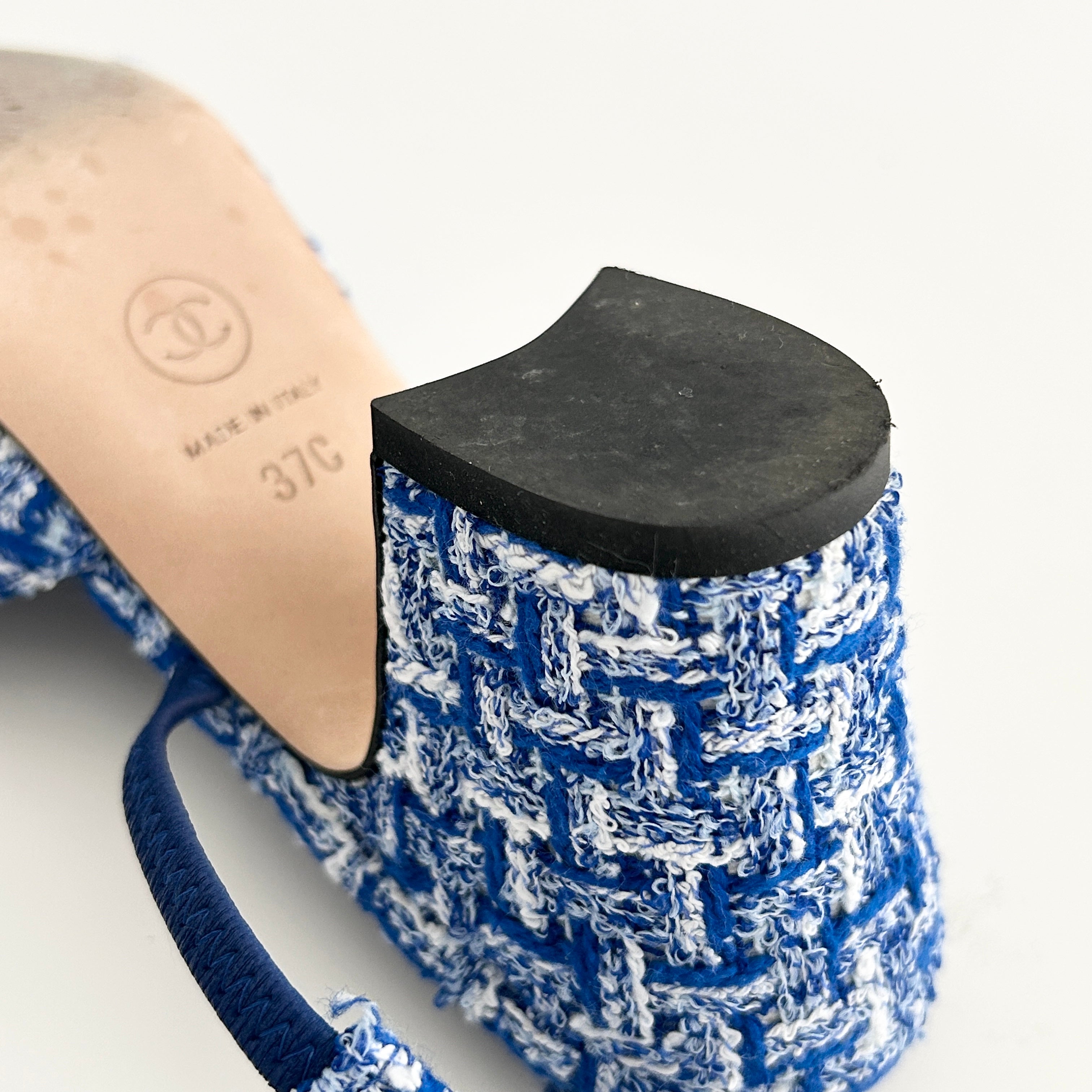 23P Blue/White Tweed Black Cap Toe Block Heel Slingbacks - Haute Classics
