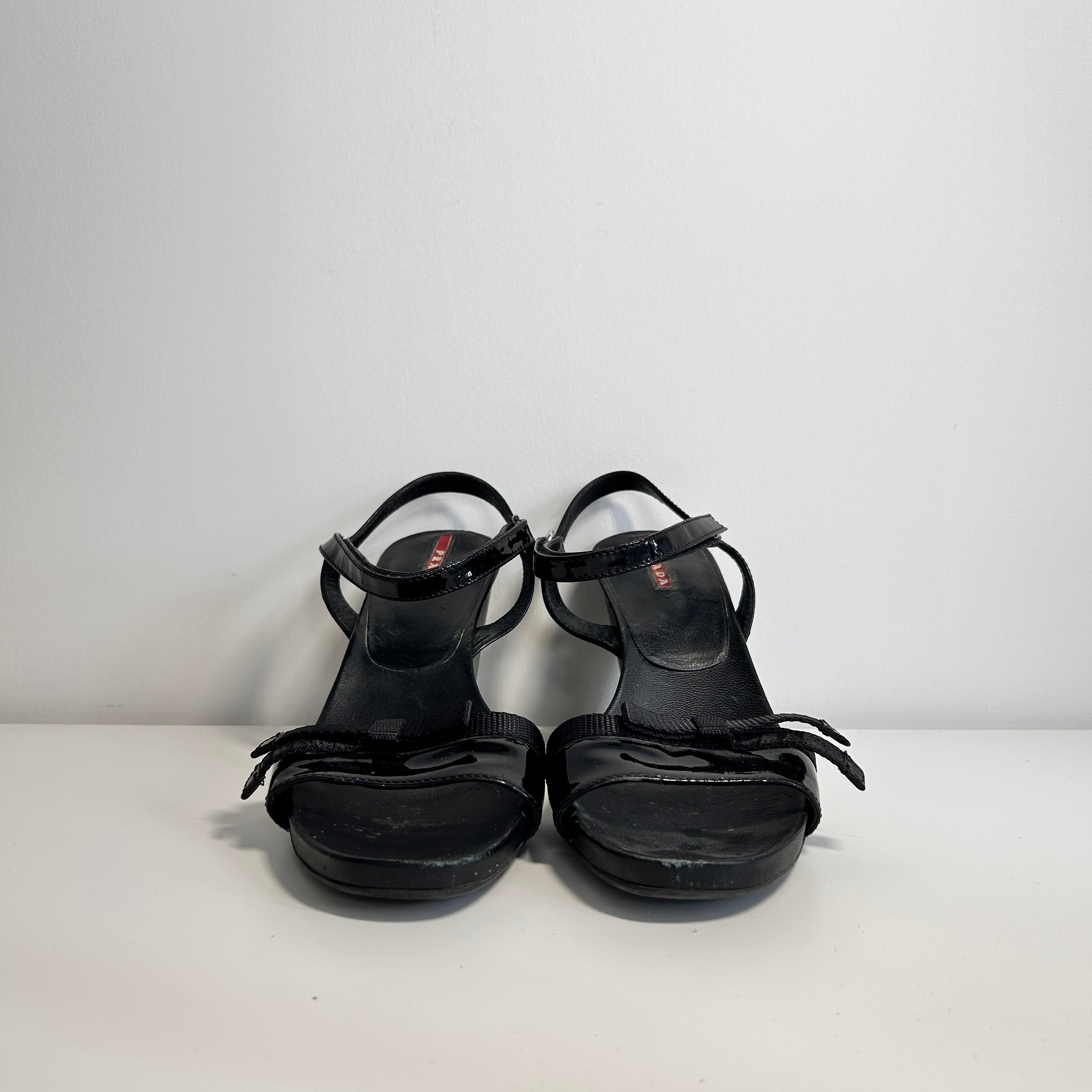 Black Patent Leather Sports Wedge Sandals
