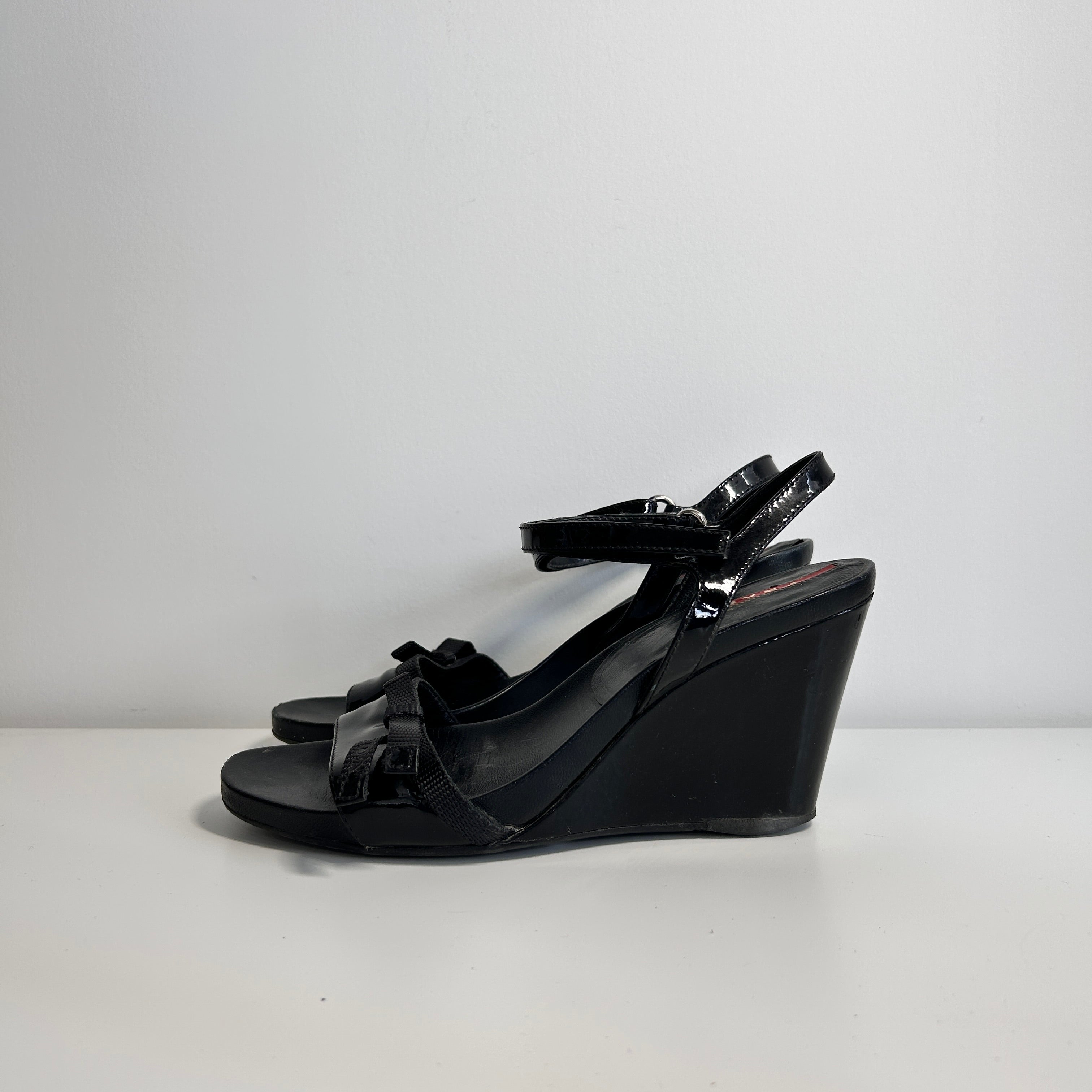 Black Patent Leather Sports Wedge Sandals