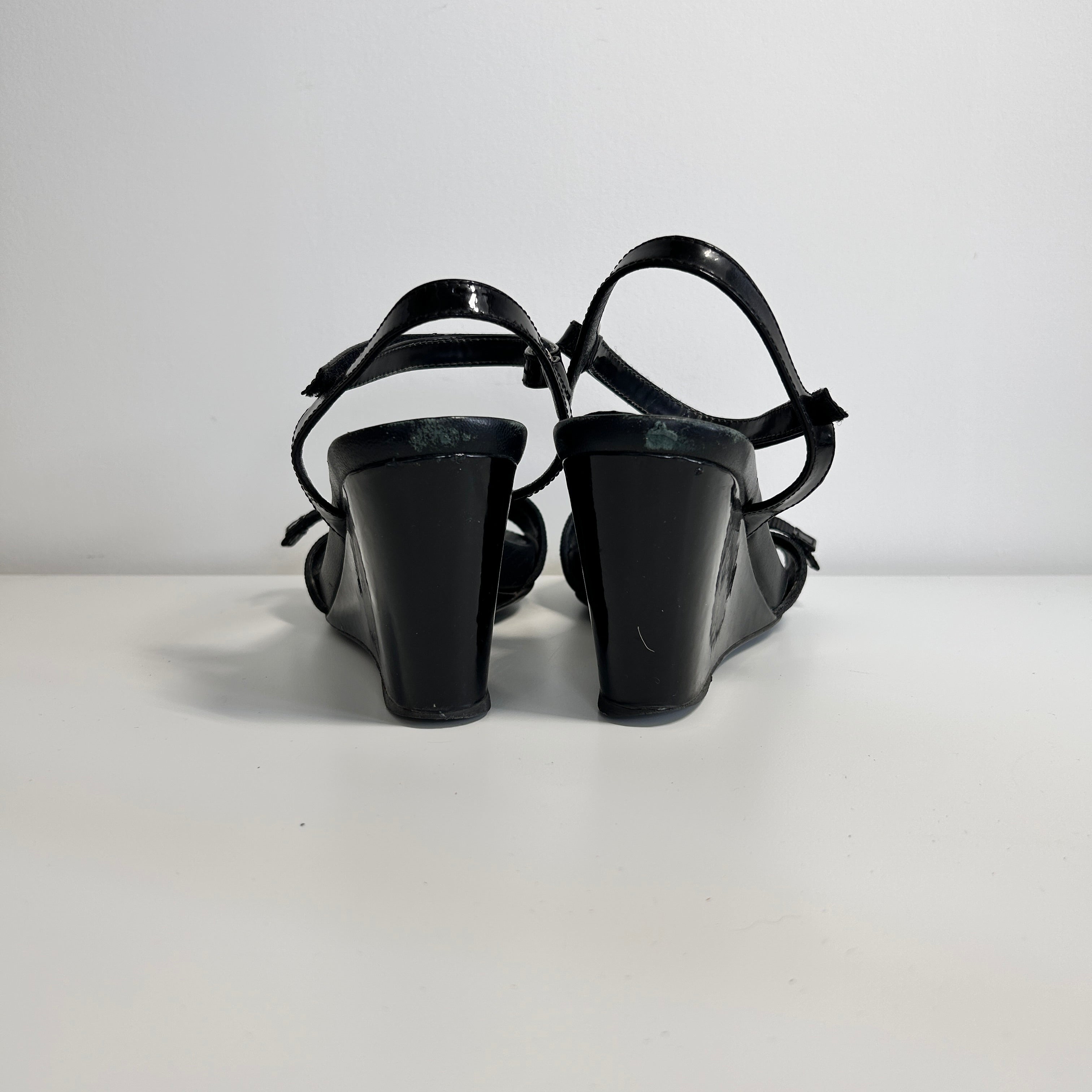Black Patent Leather Sports Wedge Sandals