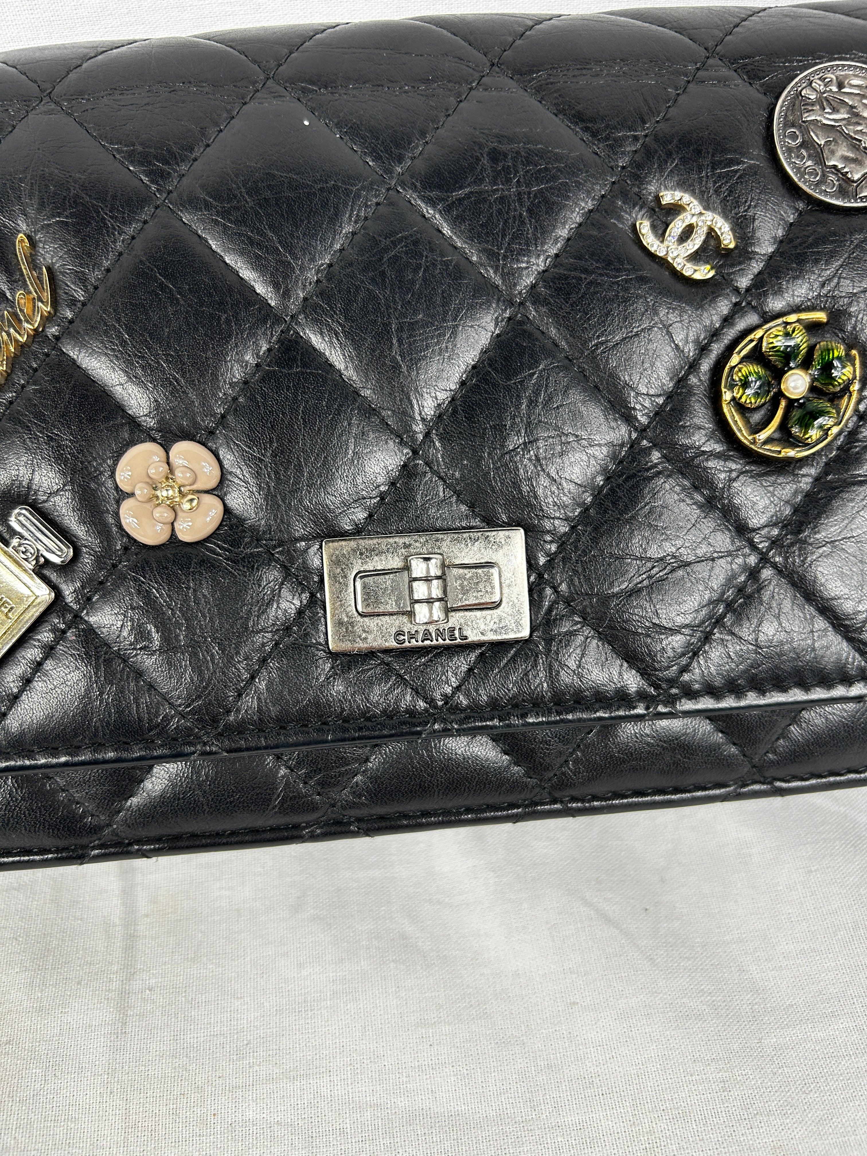 Black Quilted Aged Calfskin Charm Reissue Wallet On Chain w/RHW