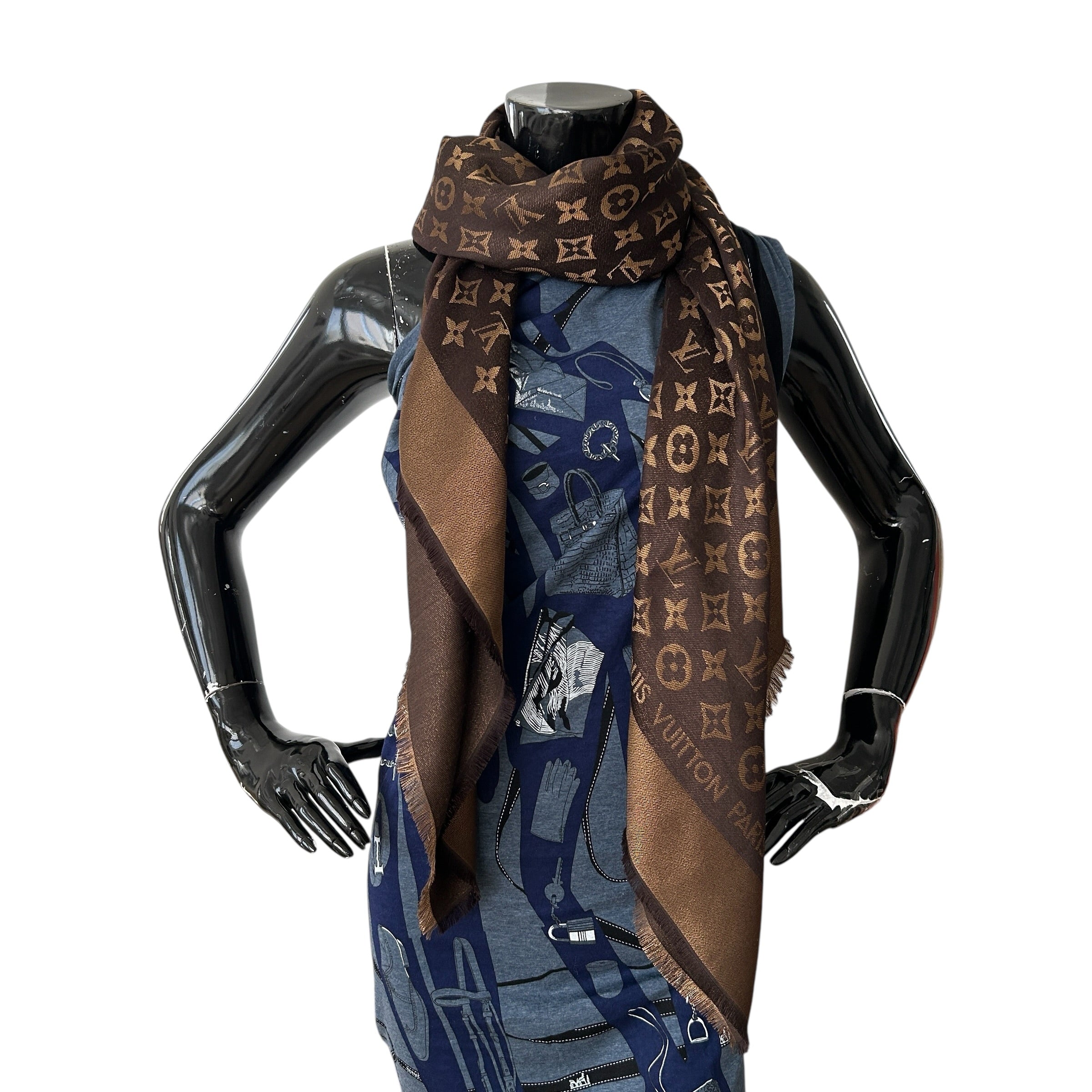 Brown Wool/Silk Blend Shine Monogram Shawl