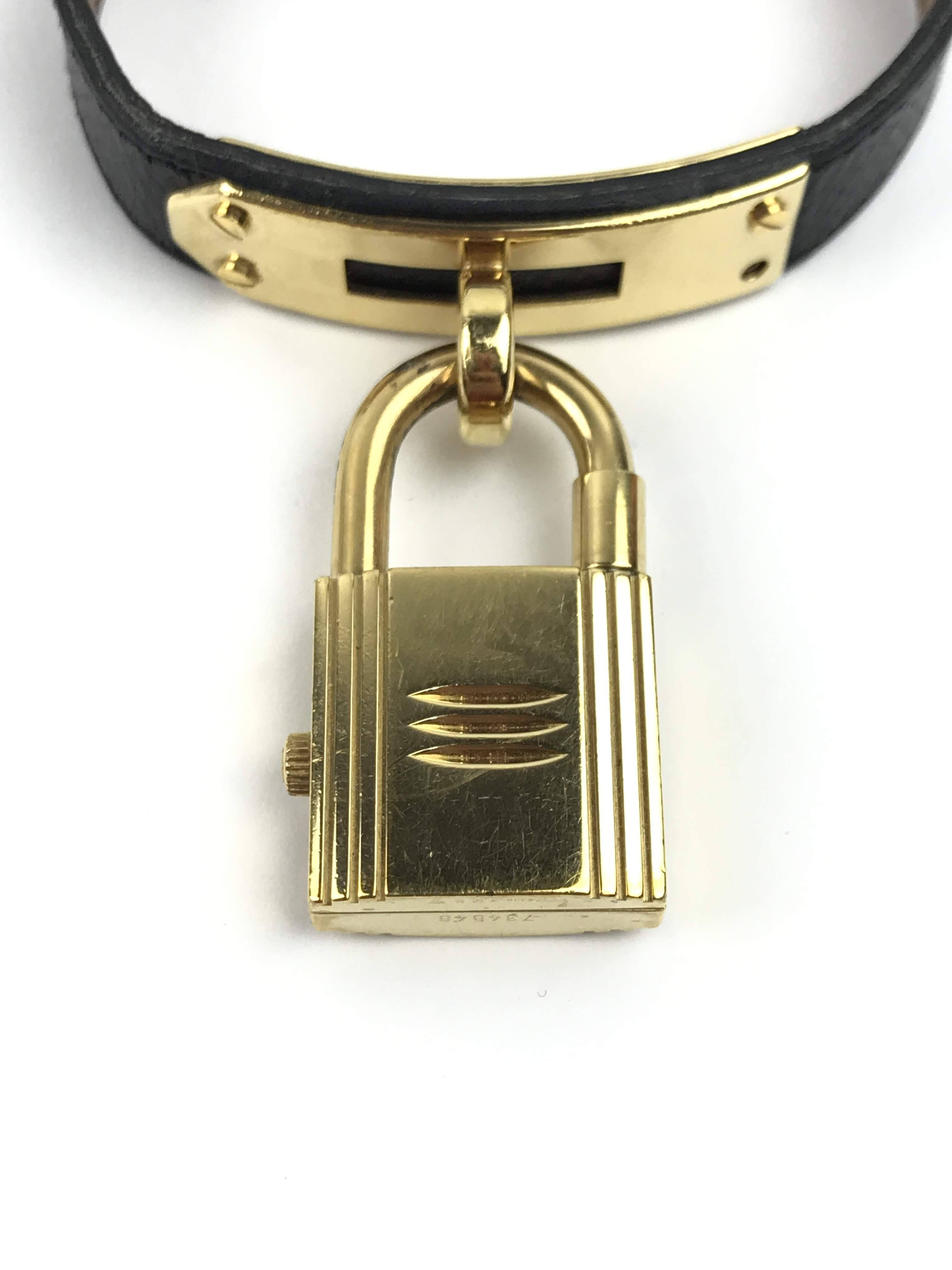 Black Epsom Leather Yellow-Gold Plated Kelly Watch W/ Black Dial