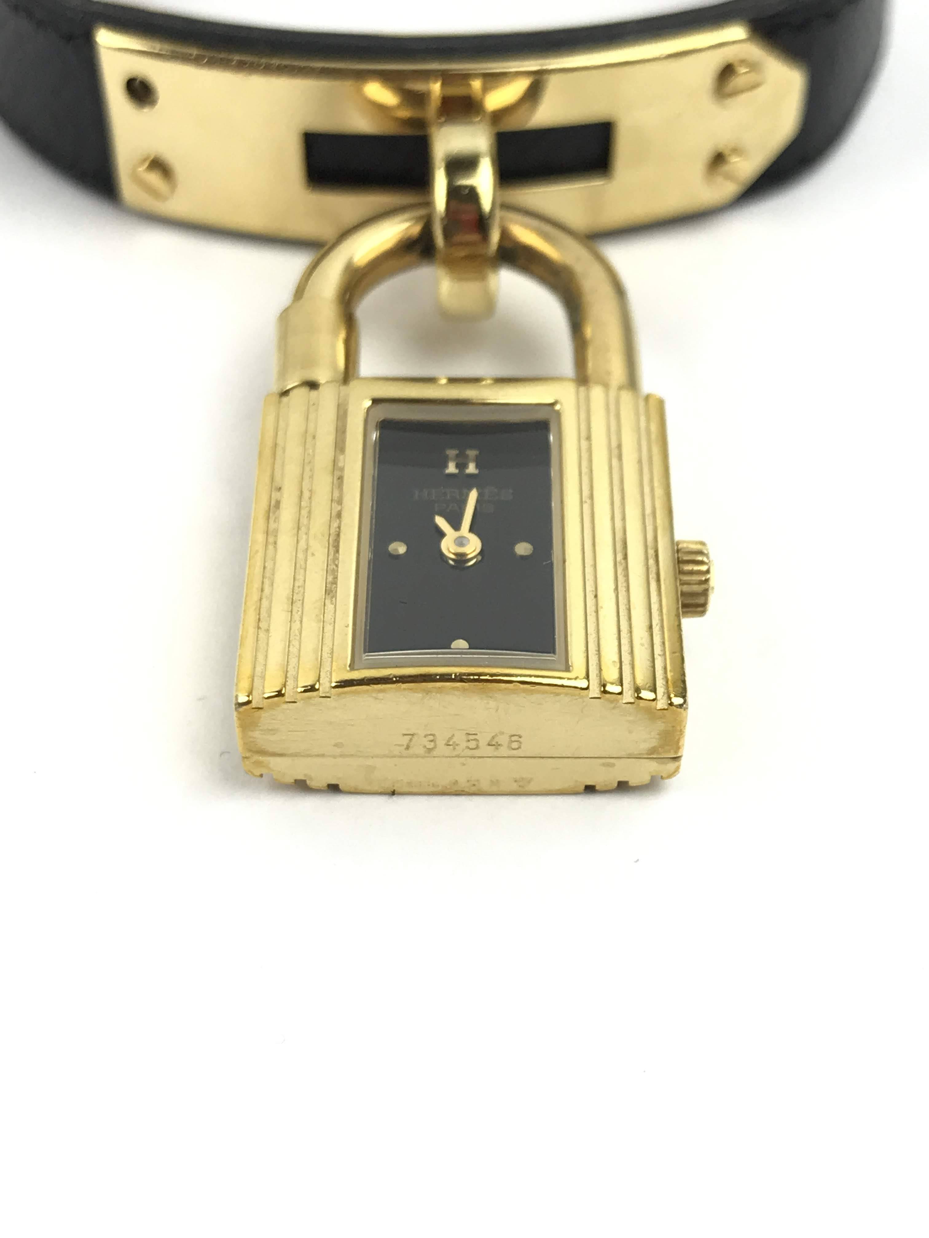Black Epsom Leather Yellow-Gold Plated Kelly Watch W/ Black Dial