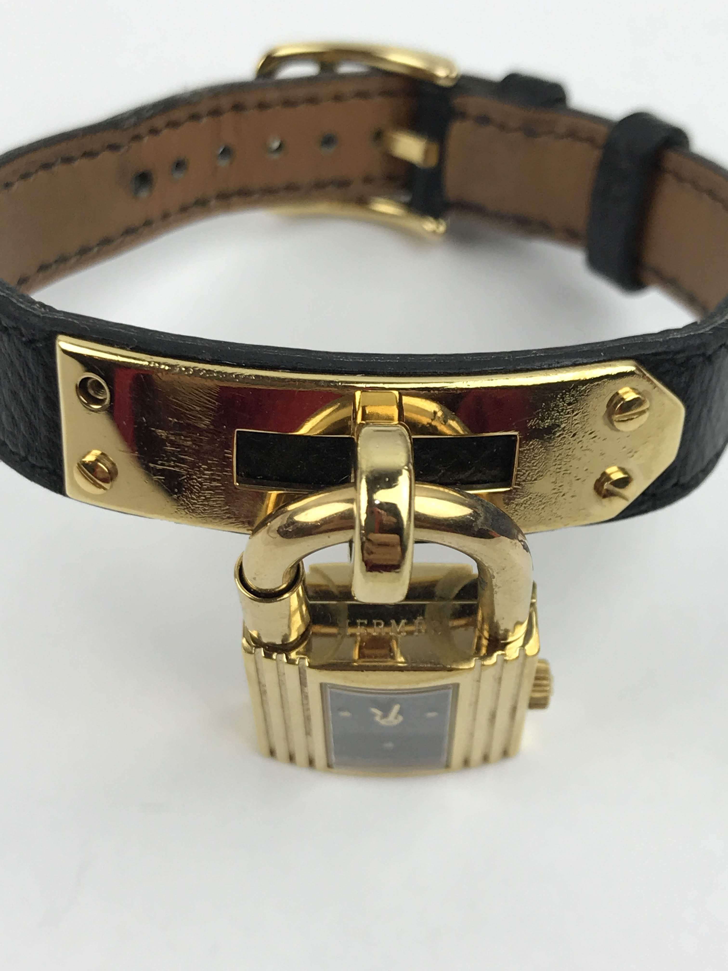 Black Epsom Leather Yellow-Gold Plated Kelly Watch W/ Black Dial