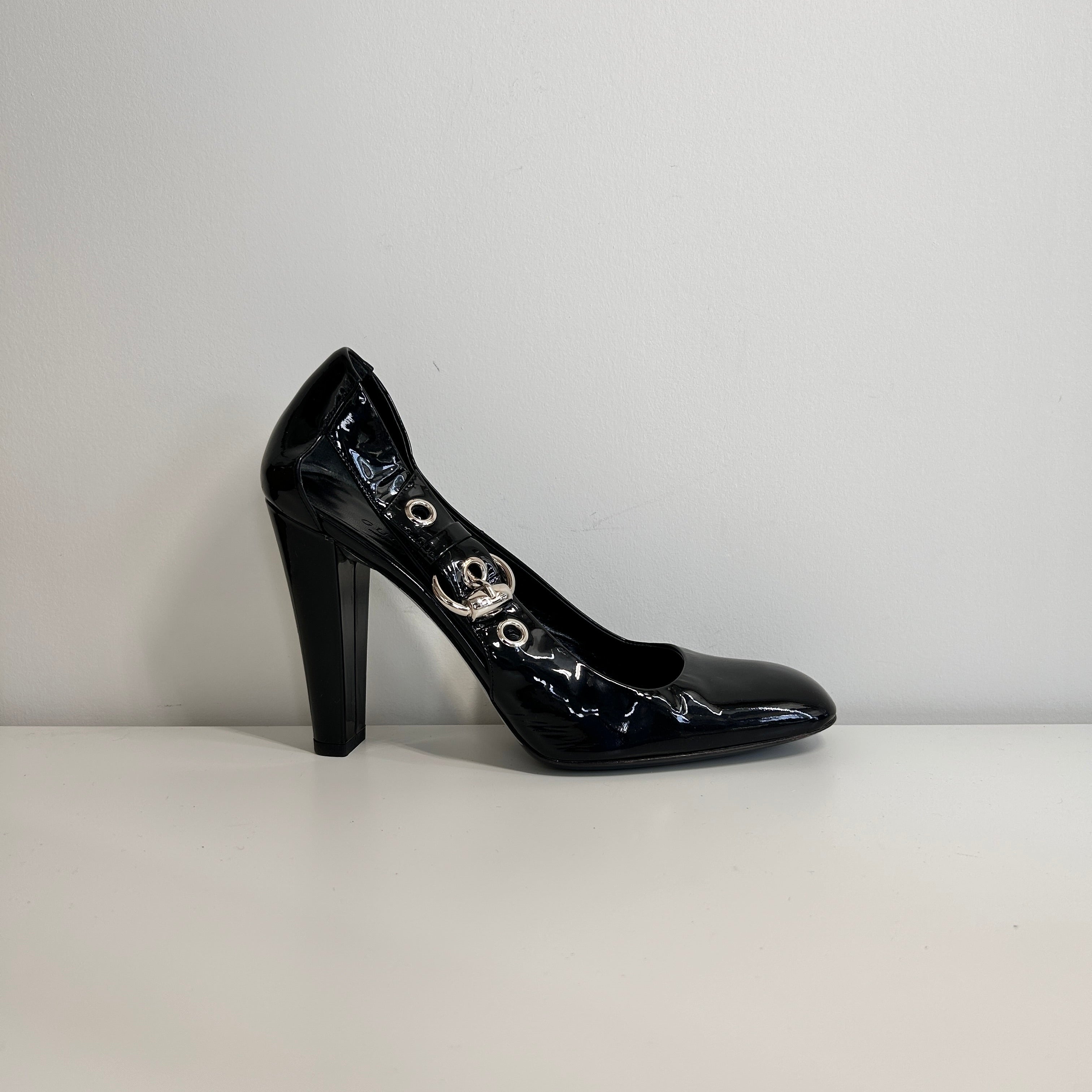 Black Patent Leather Cut Out Buckle Pumps