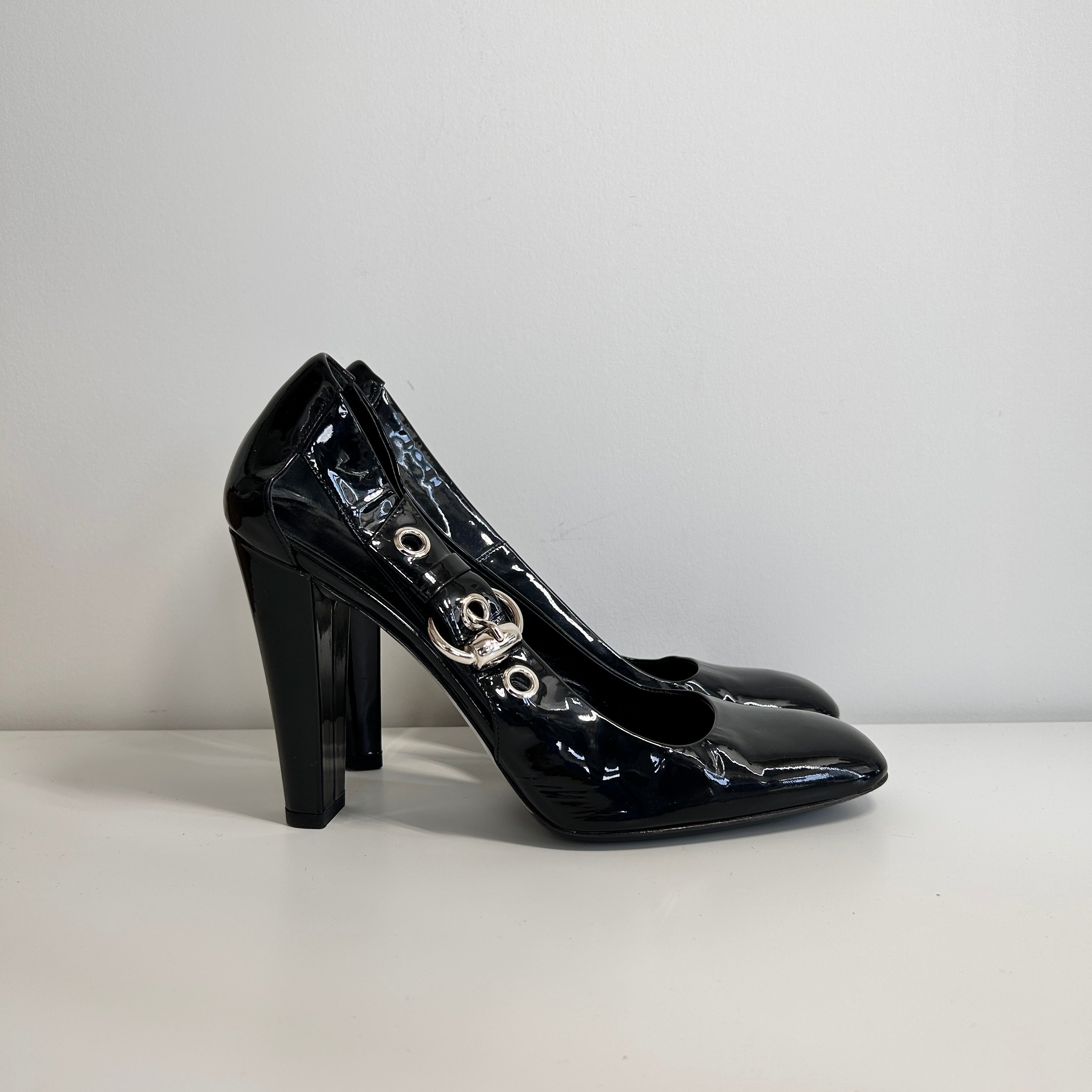 Black Patent Leather Cut Out Buckle Pumps