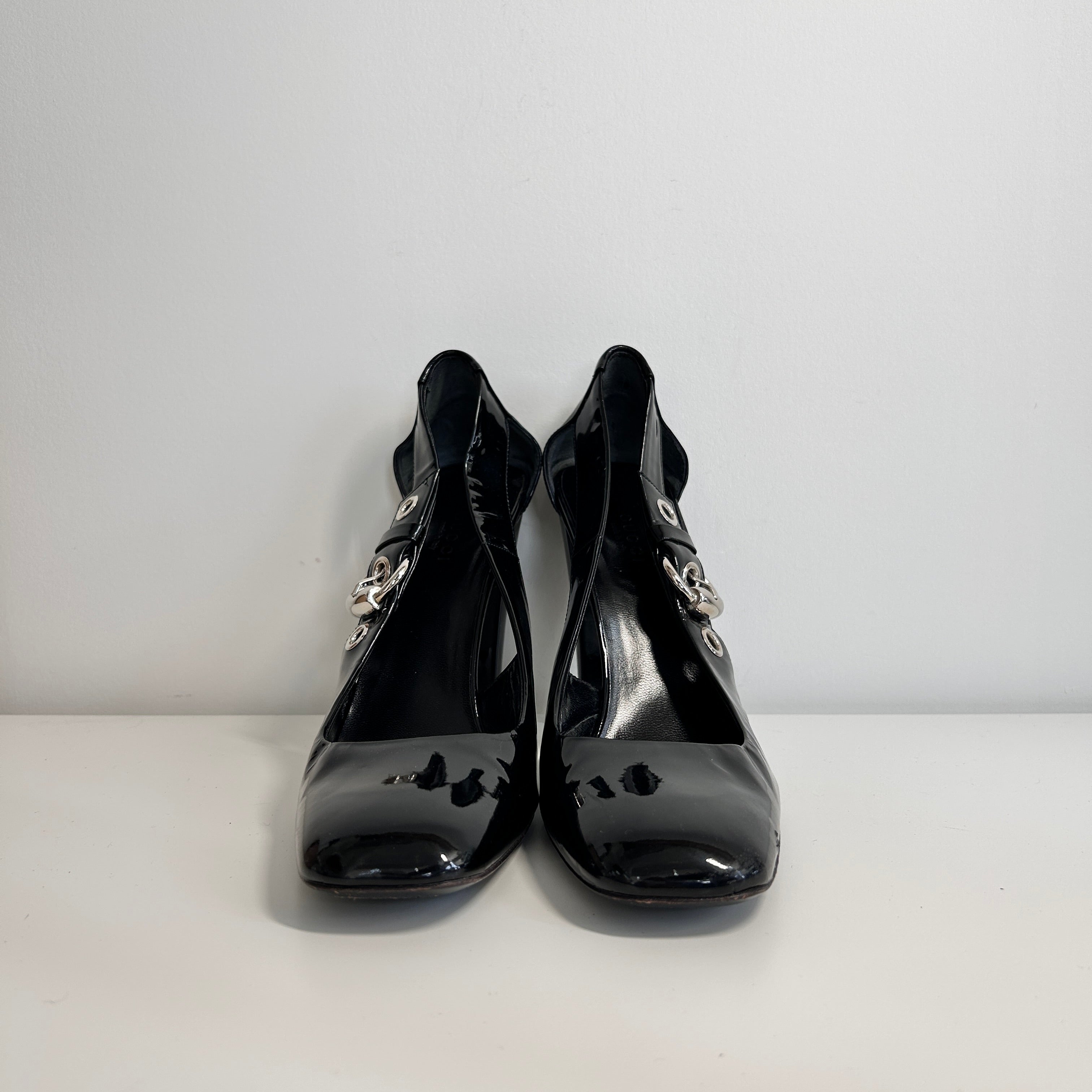 Black Patent Leather Cut Out Buckle Pumps