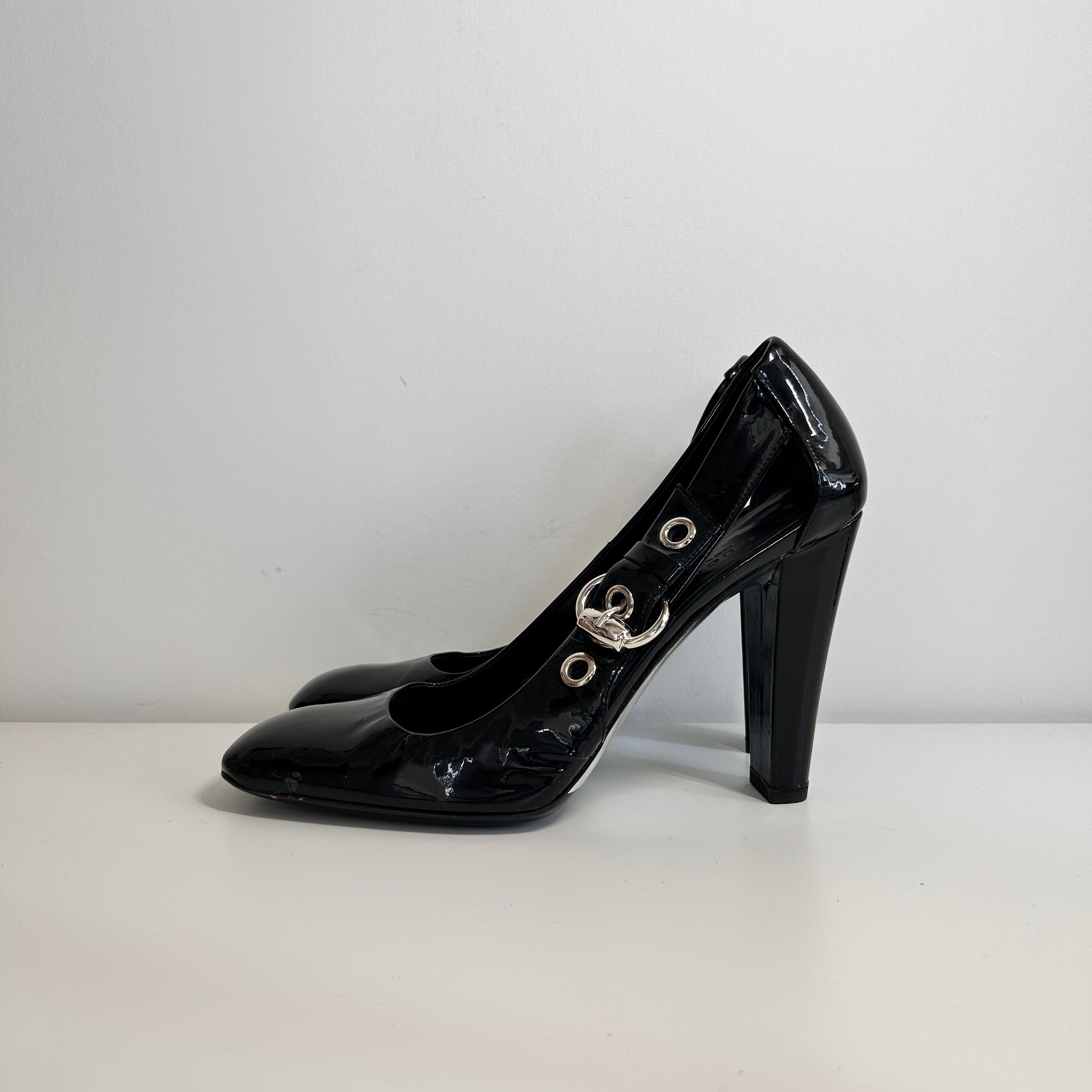 Black Patent Leather Cut Out Buckle Pumps