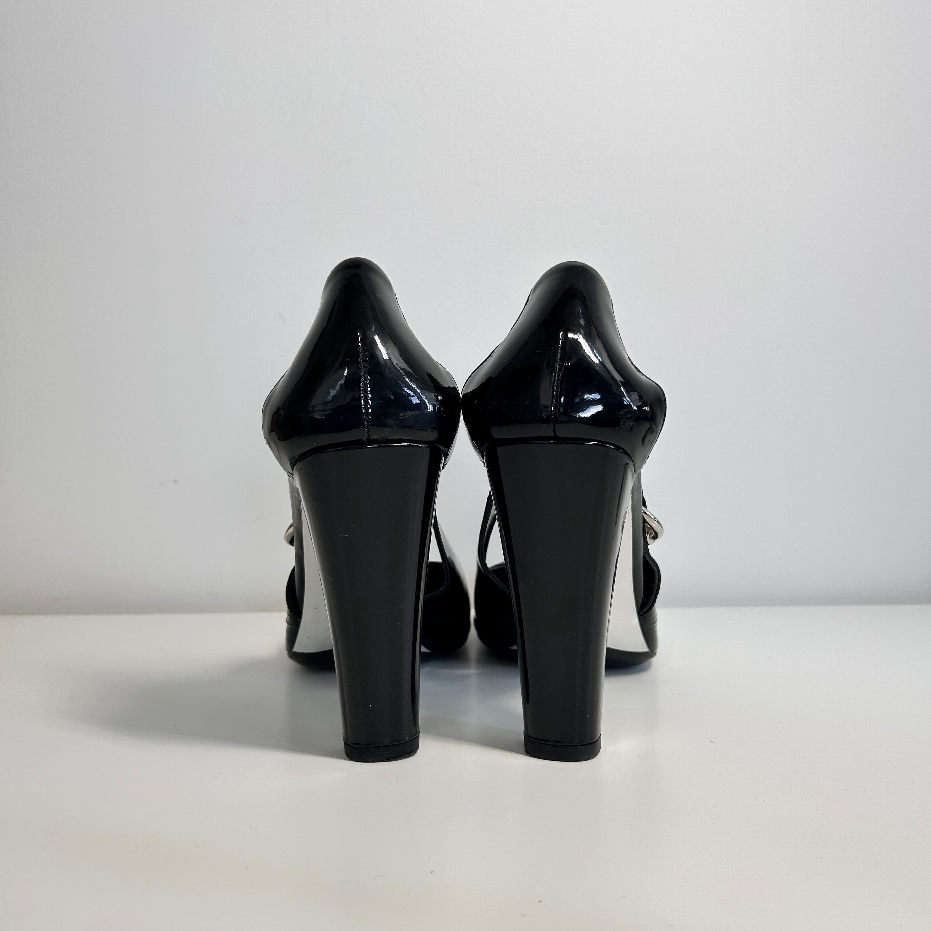 Black Patent Leather Cut Out Buckle Pumps