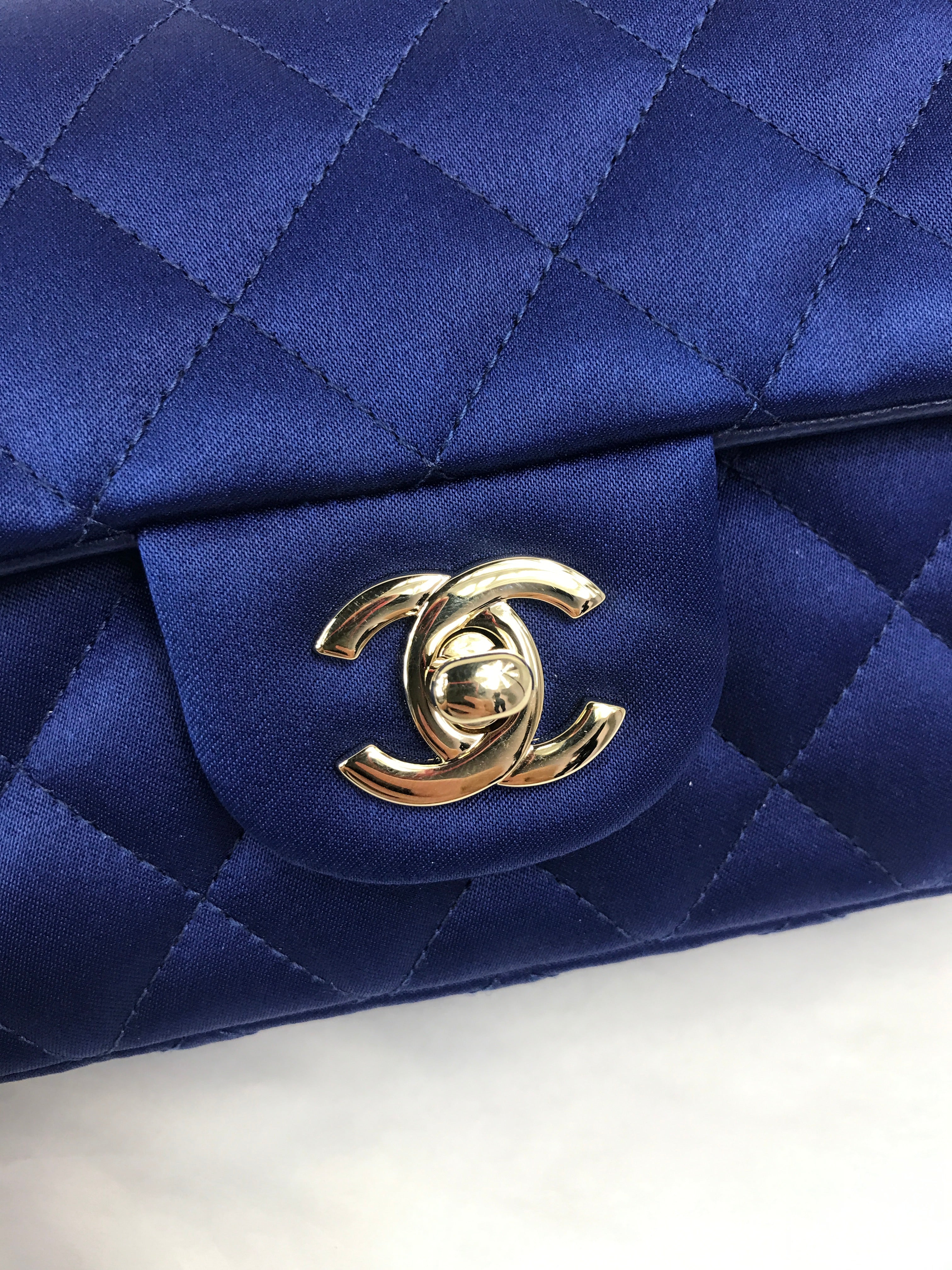 Blue Satin Silk Quilted Single Flap Mini Rectangle w/GHW