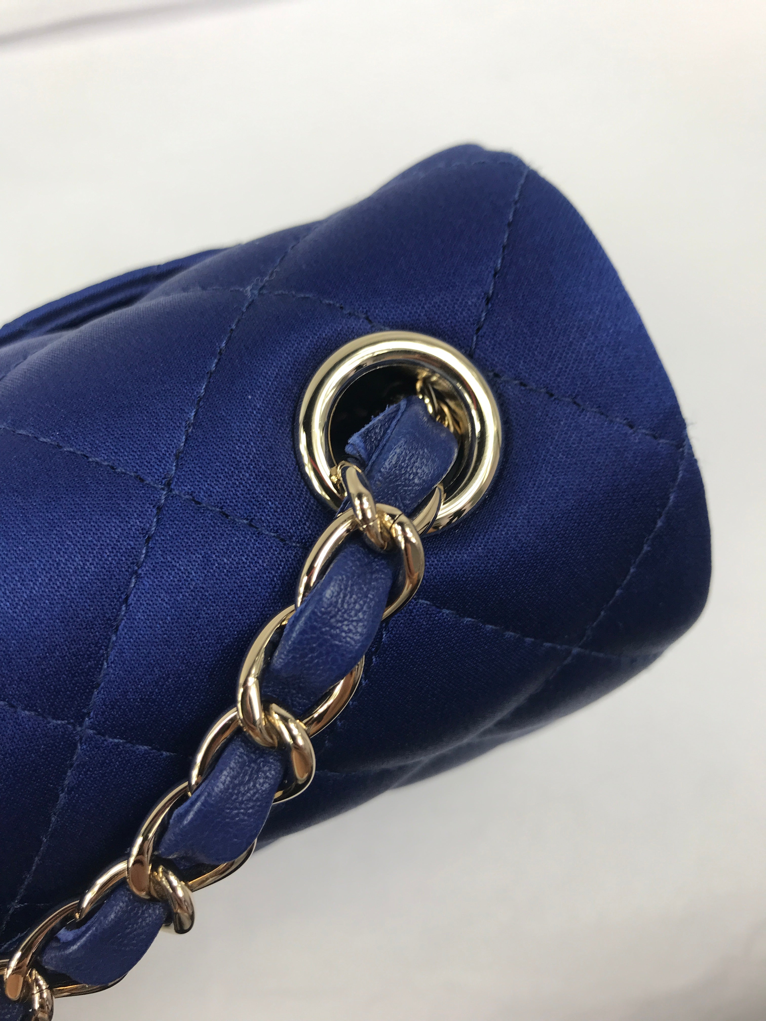 Blue Satin Silk Quilted Single Flap Mini Rectangle w/GHW