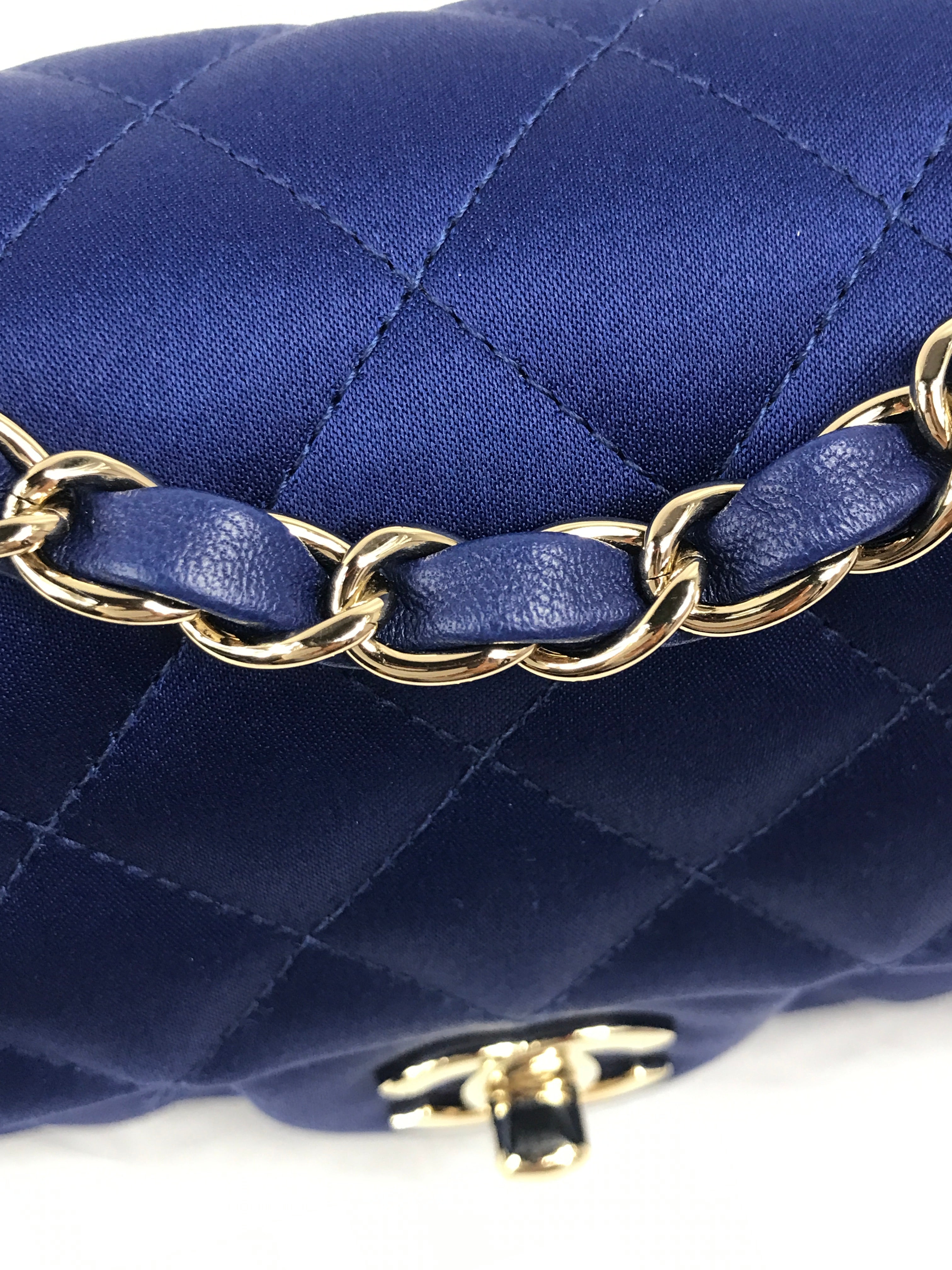 Blue Satin Silk Quilted Single Flap Mini Rectangle w/GHW