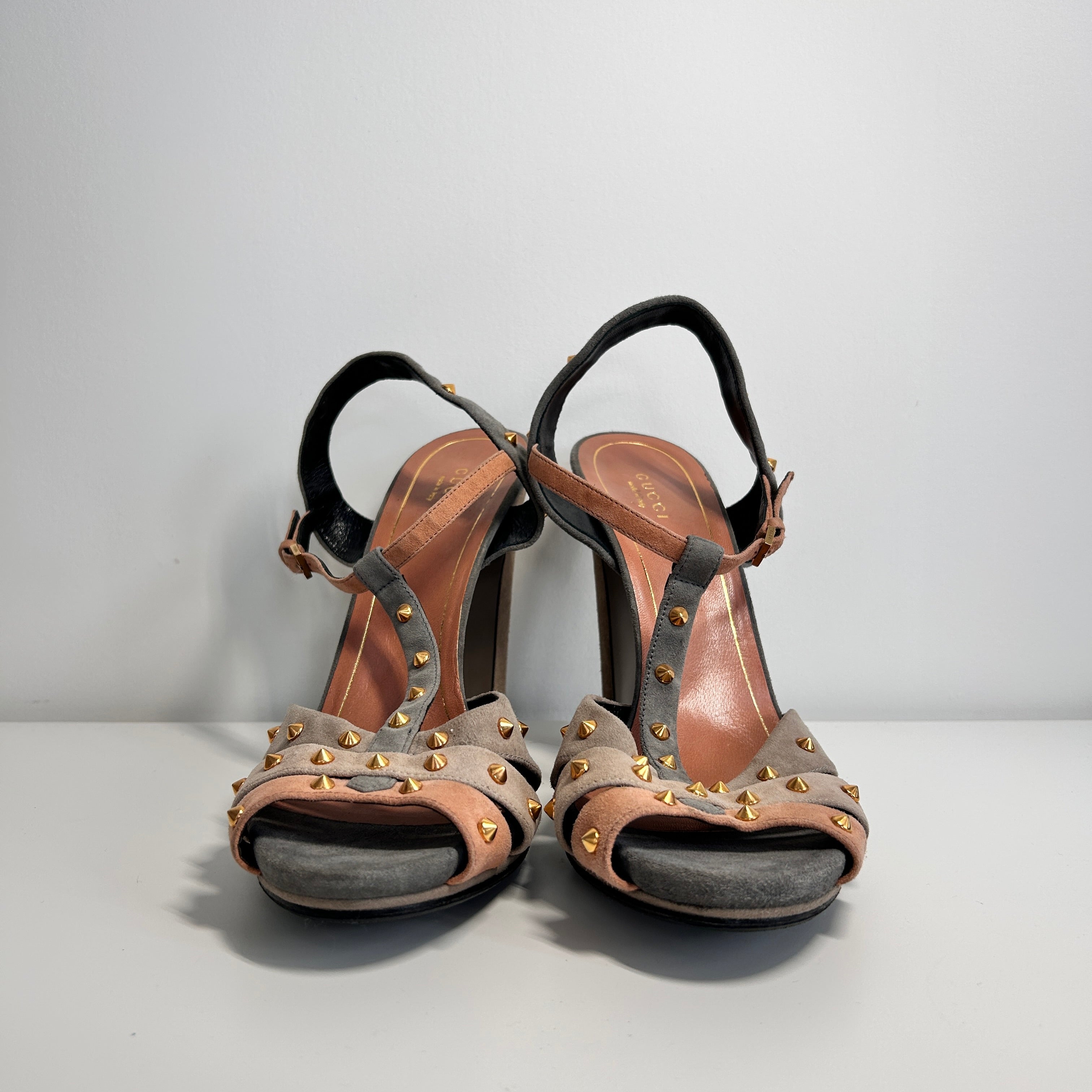 Suede Studded Accents T-Strap Sandals