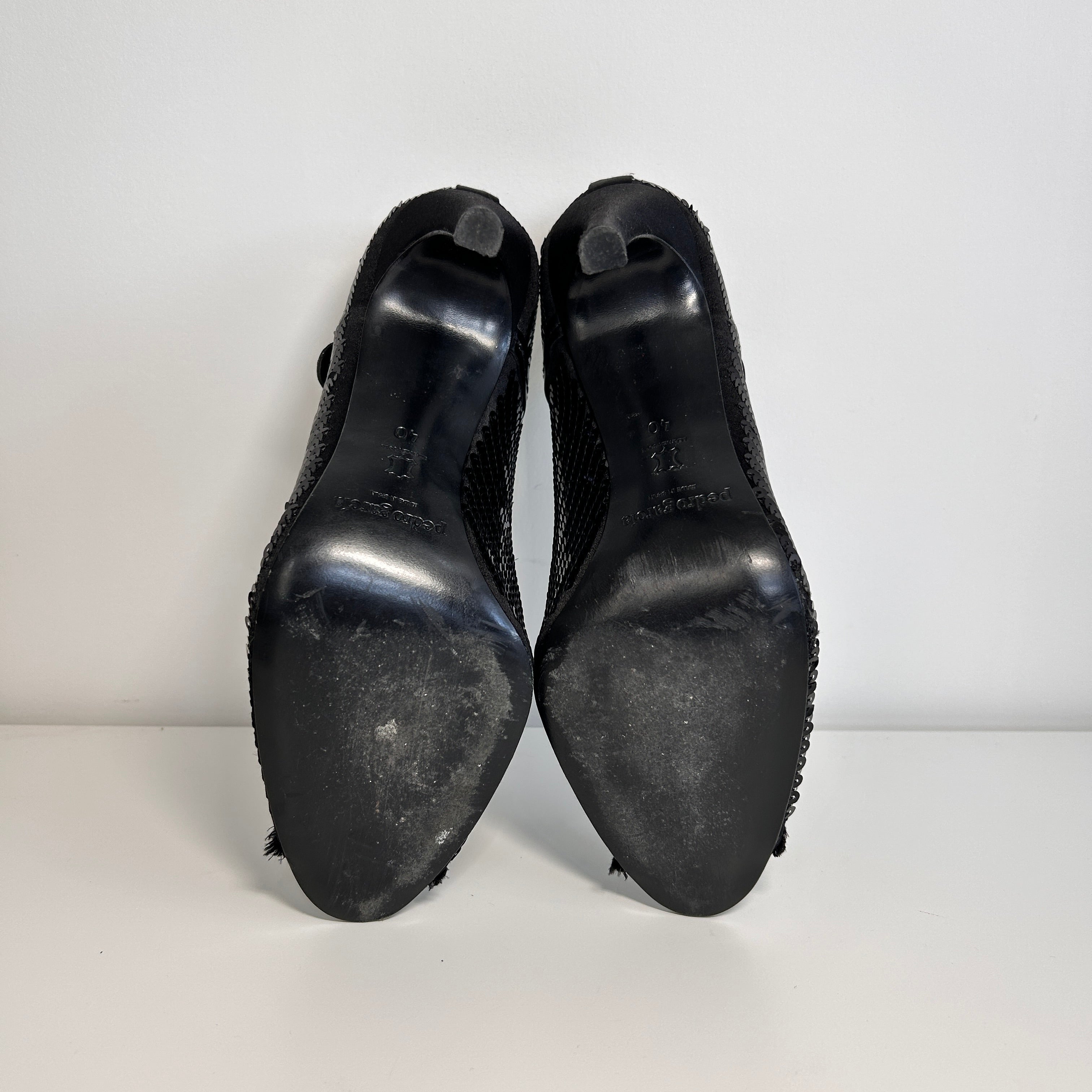 Black Leather Sequin Peeptoe Pumps