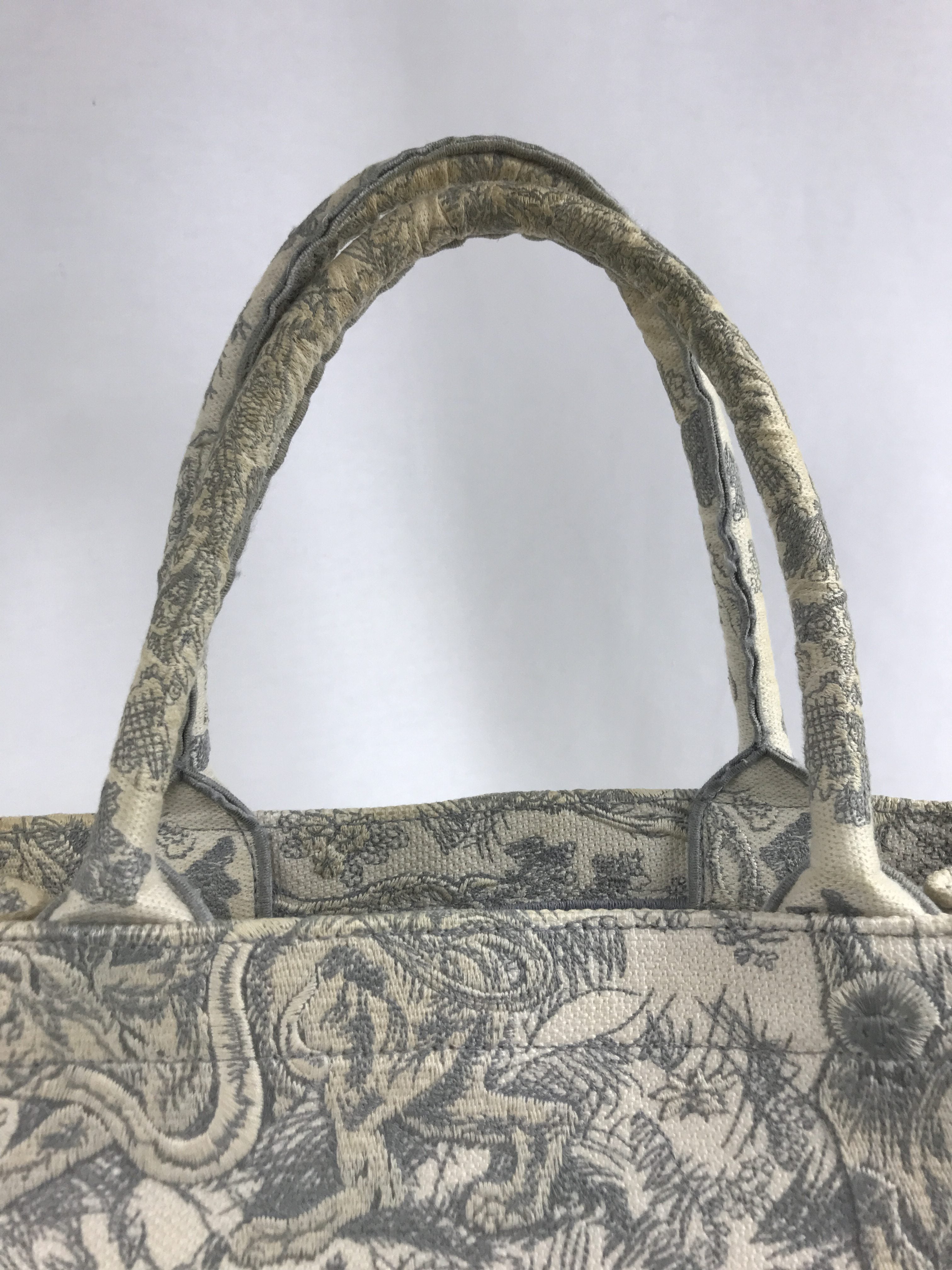 Ecru & Grey Toile De Jouy Embroidered Book Tote