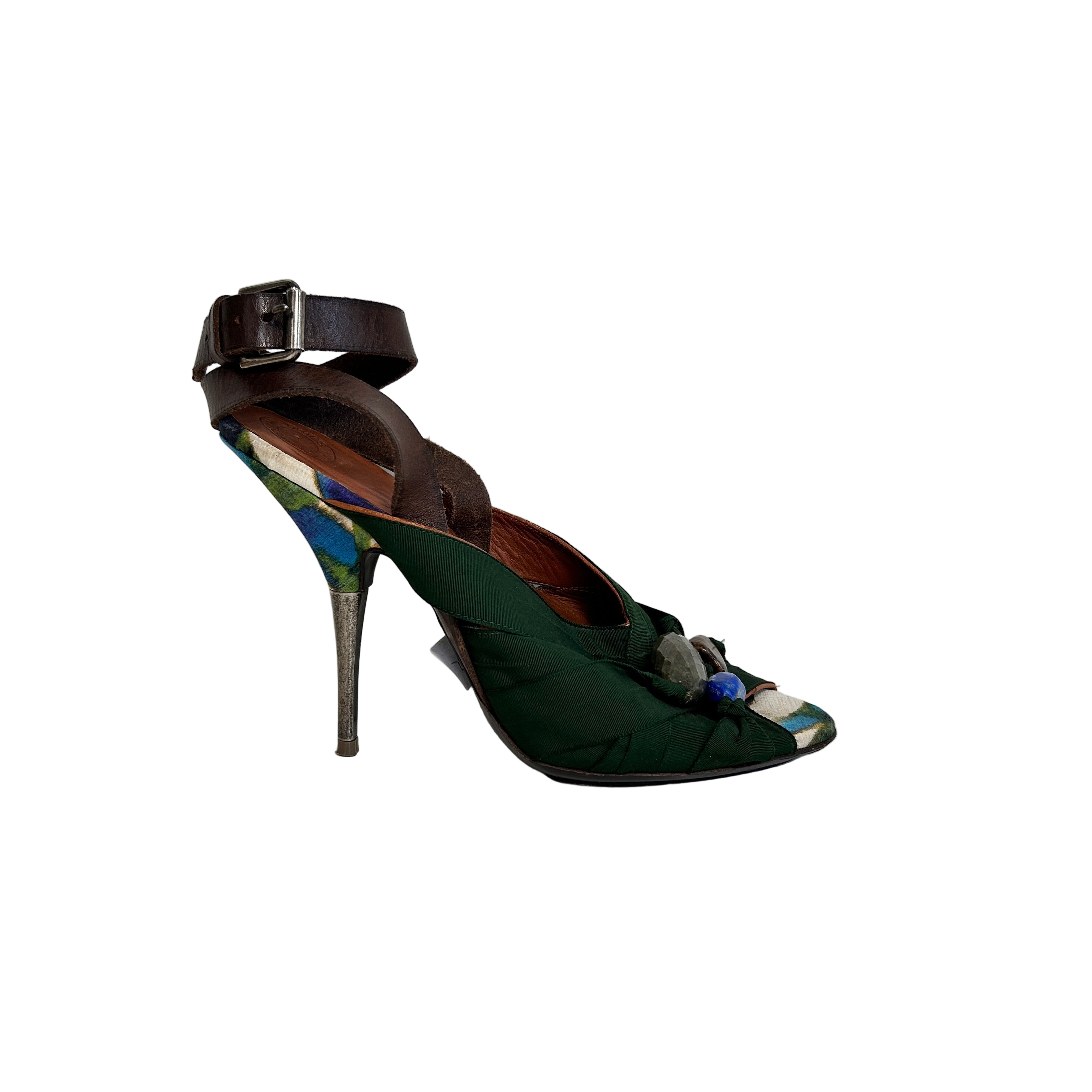 Green Satin Gemstones Embellished Heels