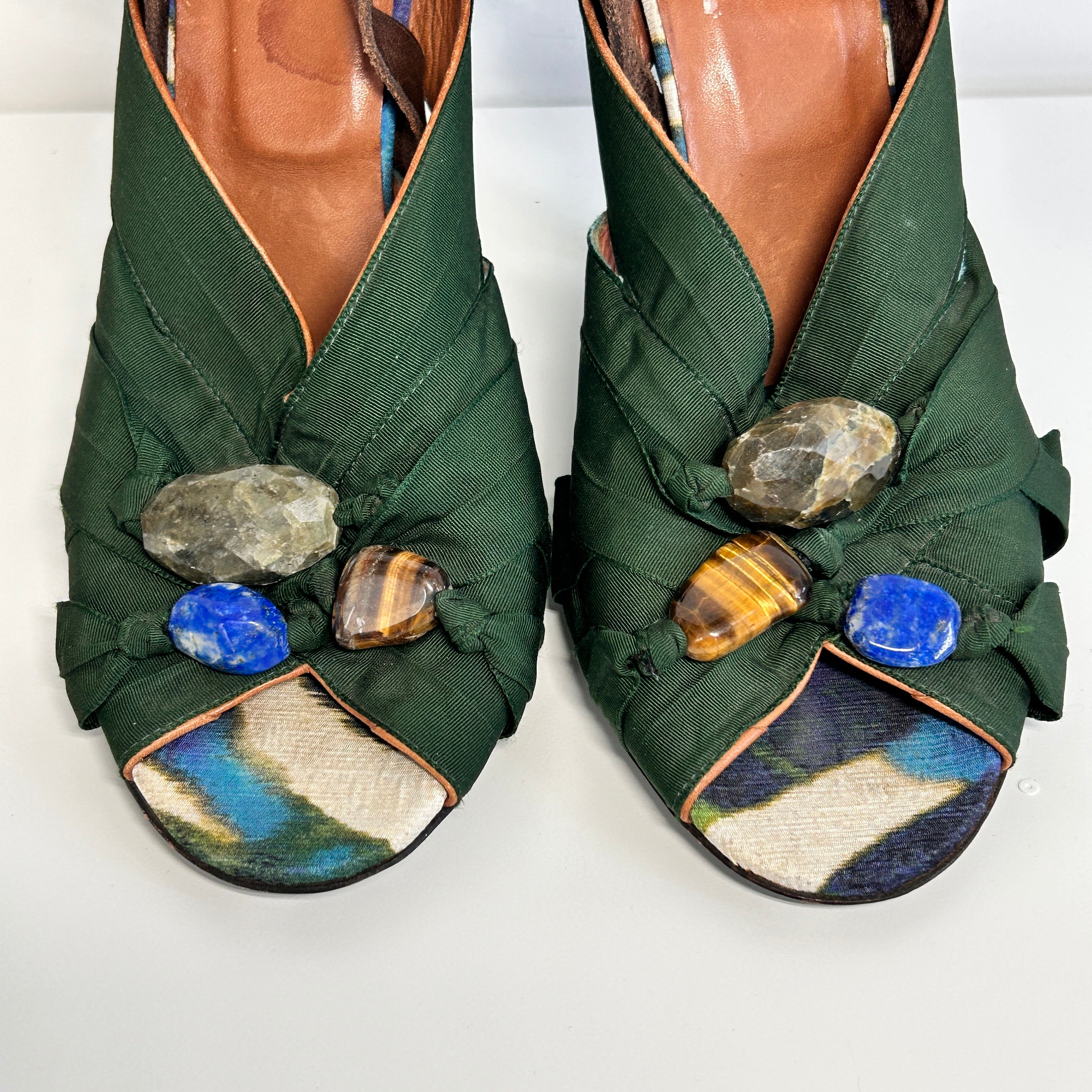 Green Satin Gemstones Embellished Heels