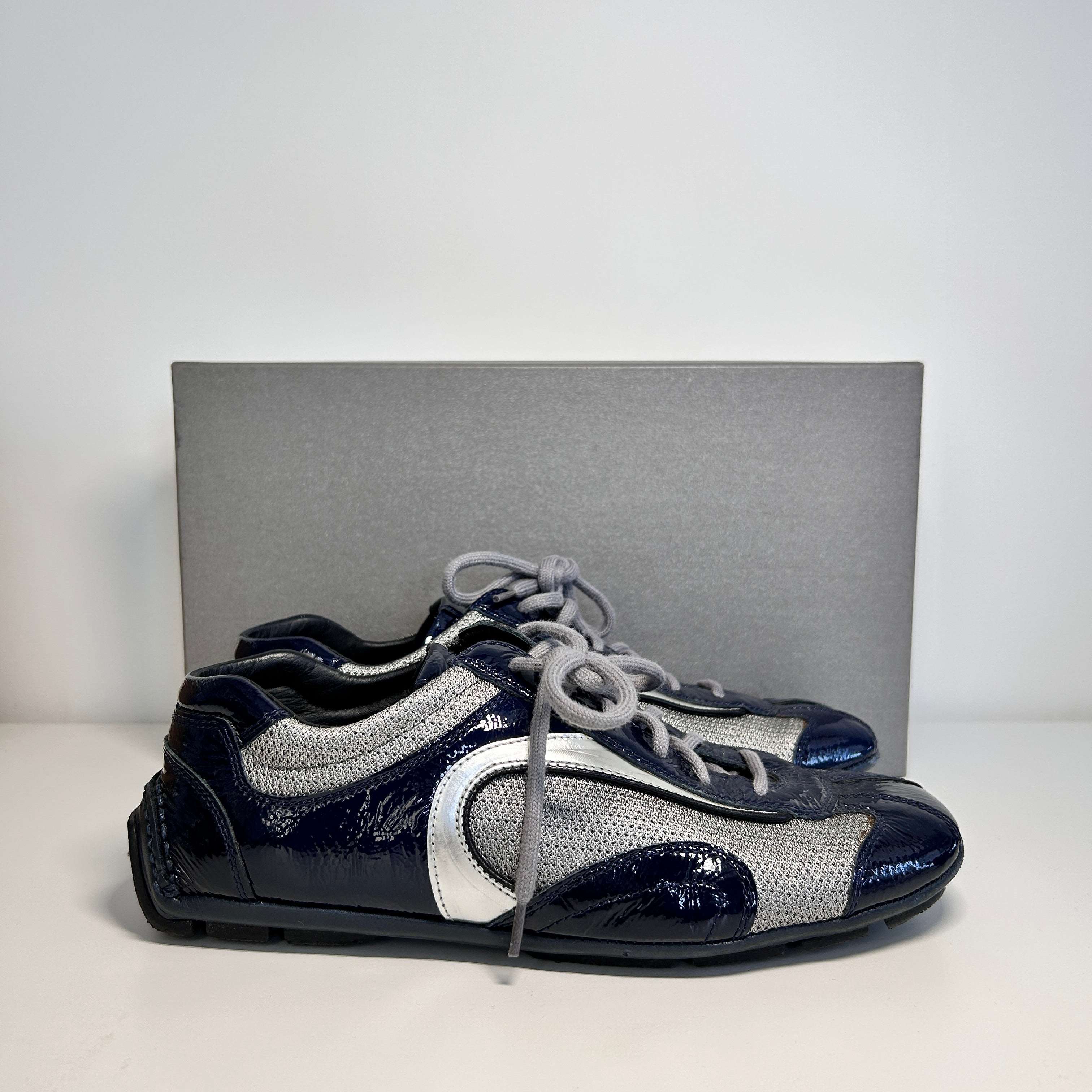 Navy Blue Patent Leather/Gray Nylon Lace Up Sneakers