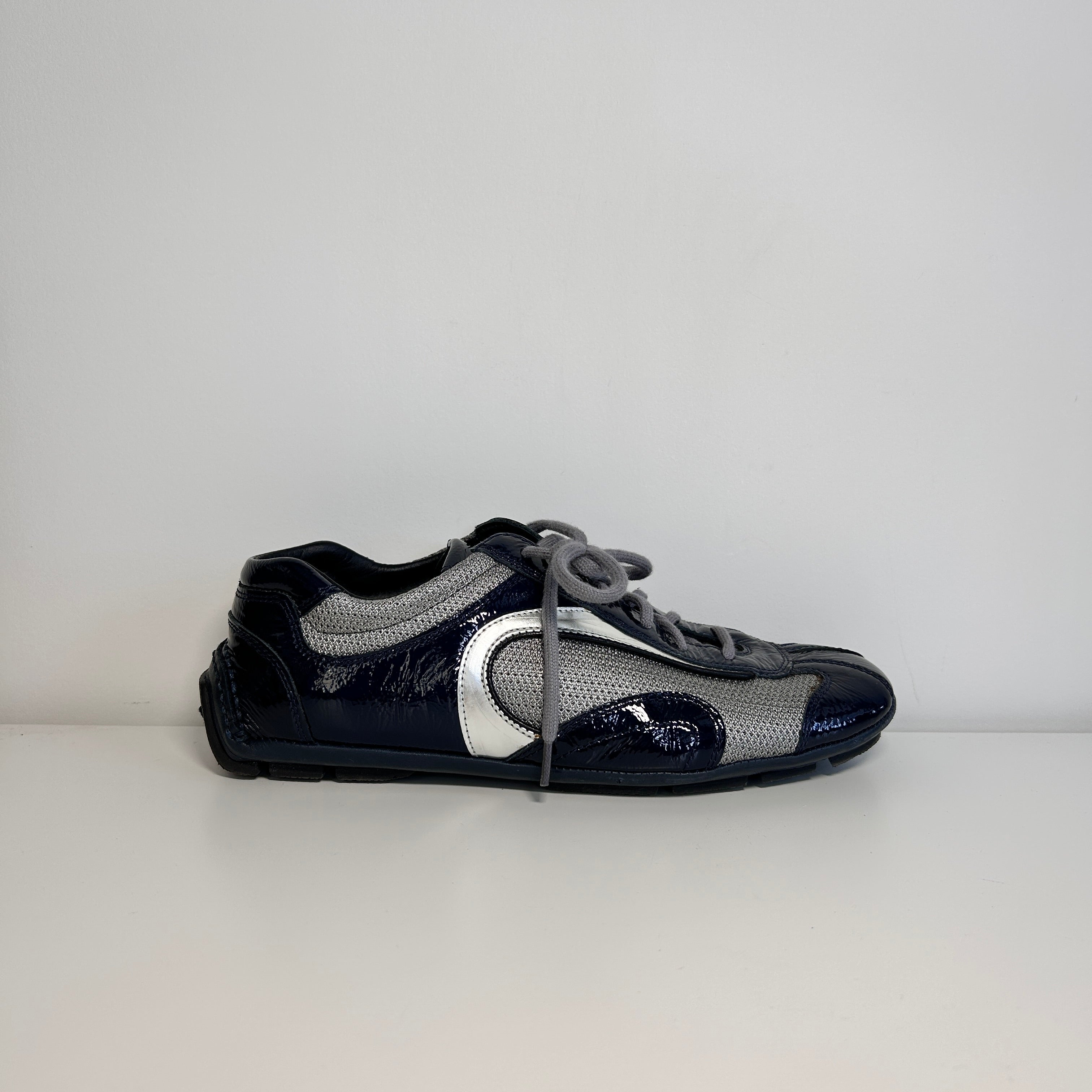 Navy Blue Patent Leather/Gray Nylon Lace Up Sneakers