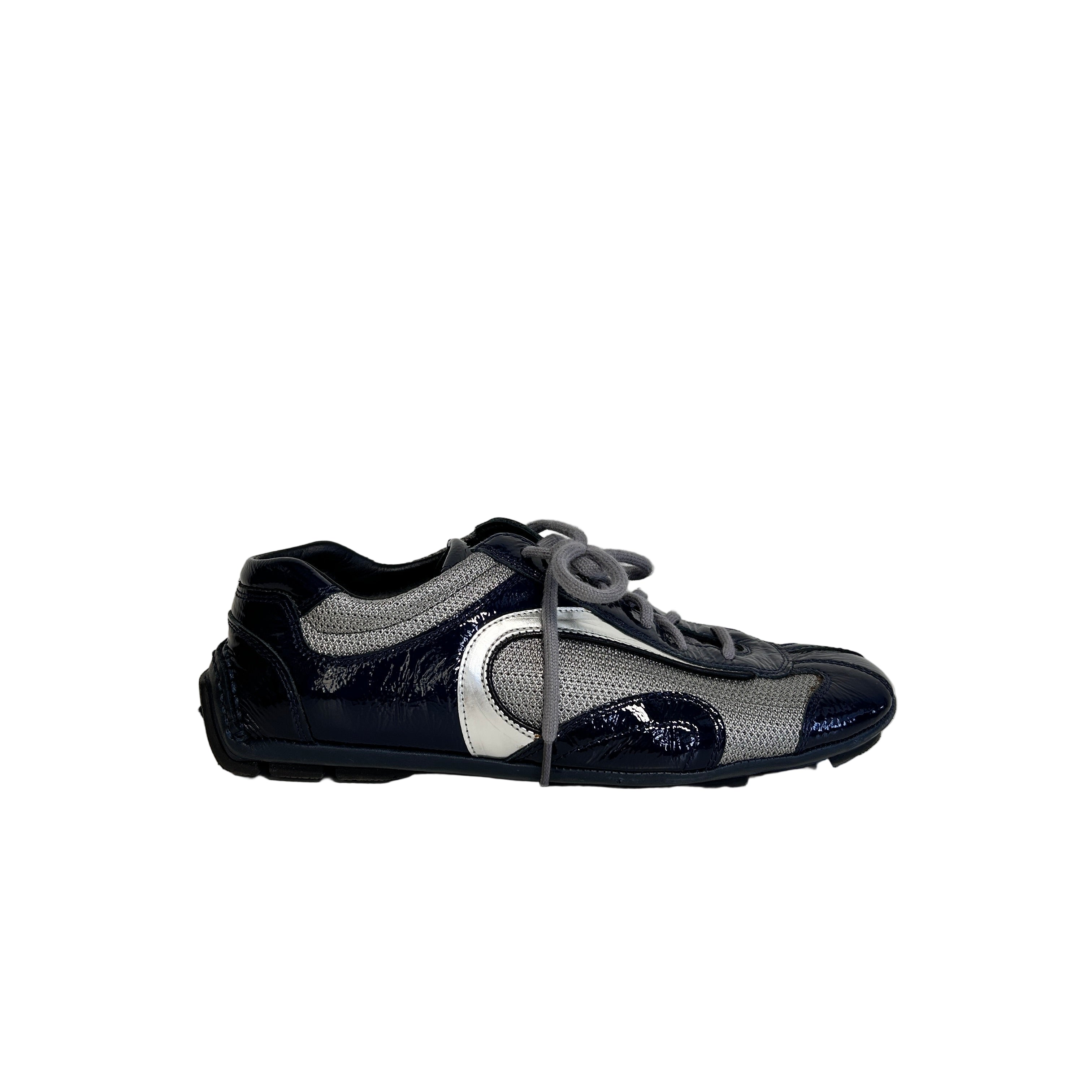 Navy Blue Patent Leather/Gray Nylon Lace Up Sneakers