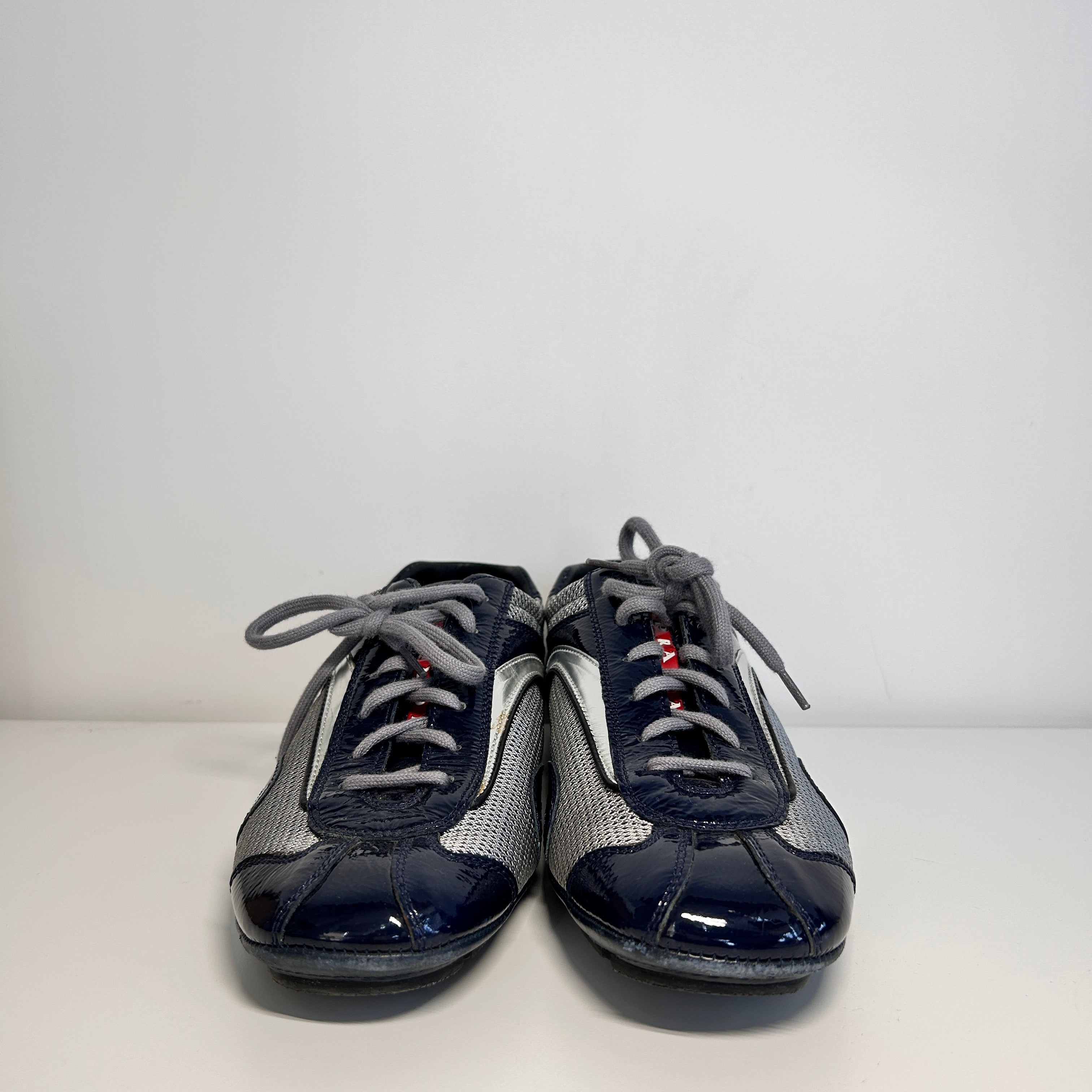 Navy Blue Patent Leather/Gray Nylon Lace Up Sneakers