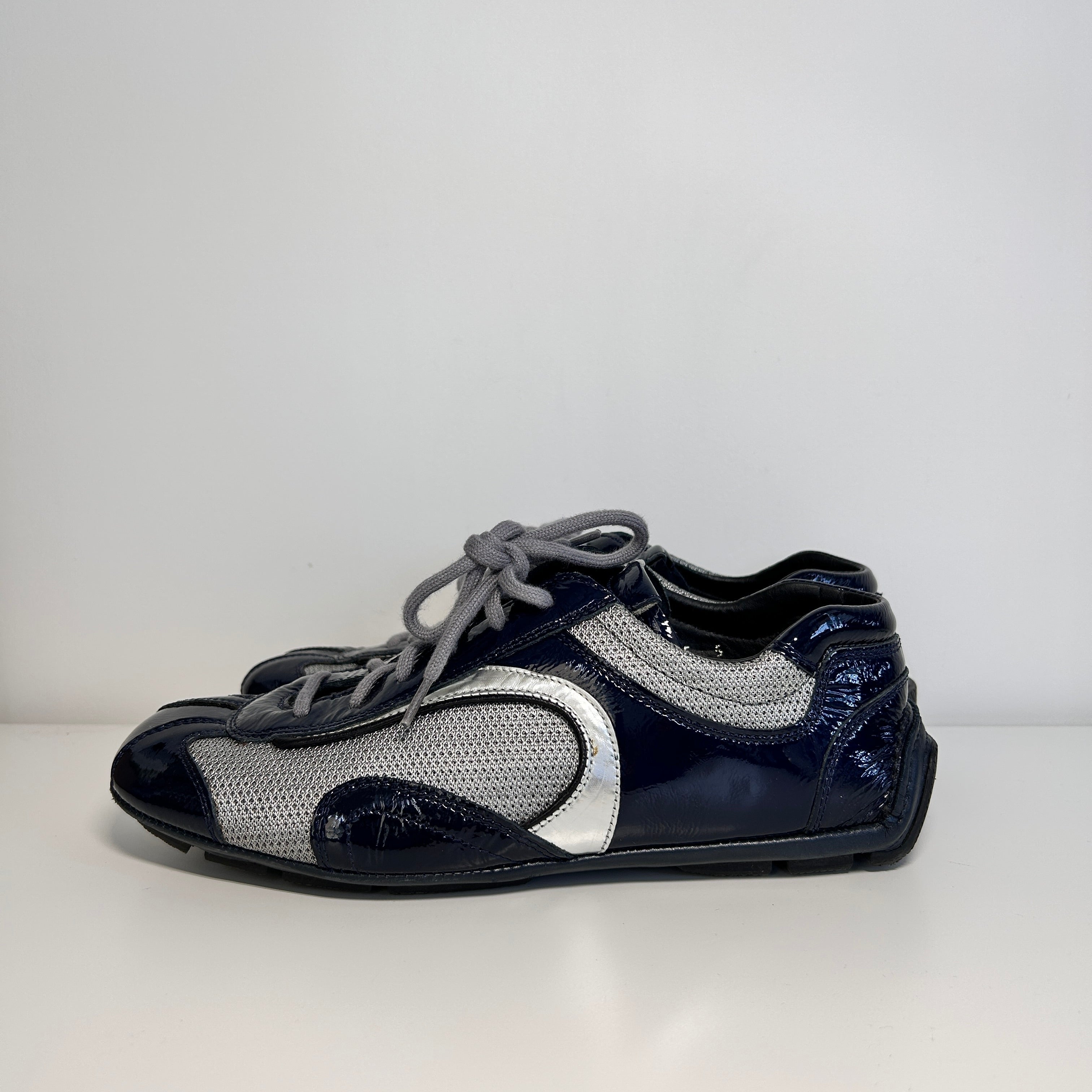 Navy Blue Patent Leather/Gray Nylon Lace Up Sneakers