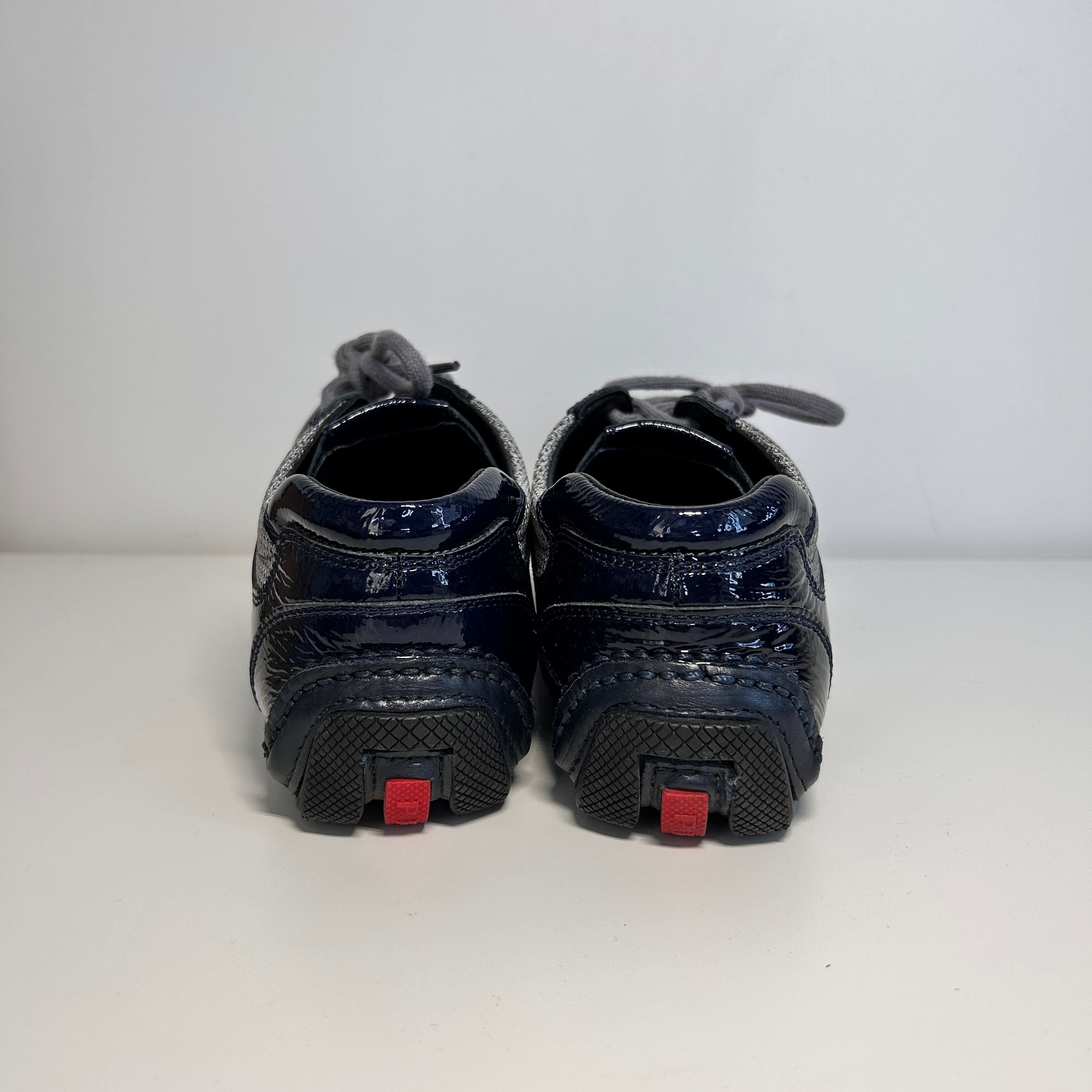 Navy Blue Patent Leather/Gray Nylon Lace Up Sneakers