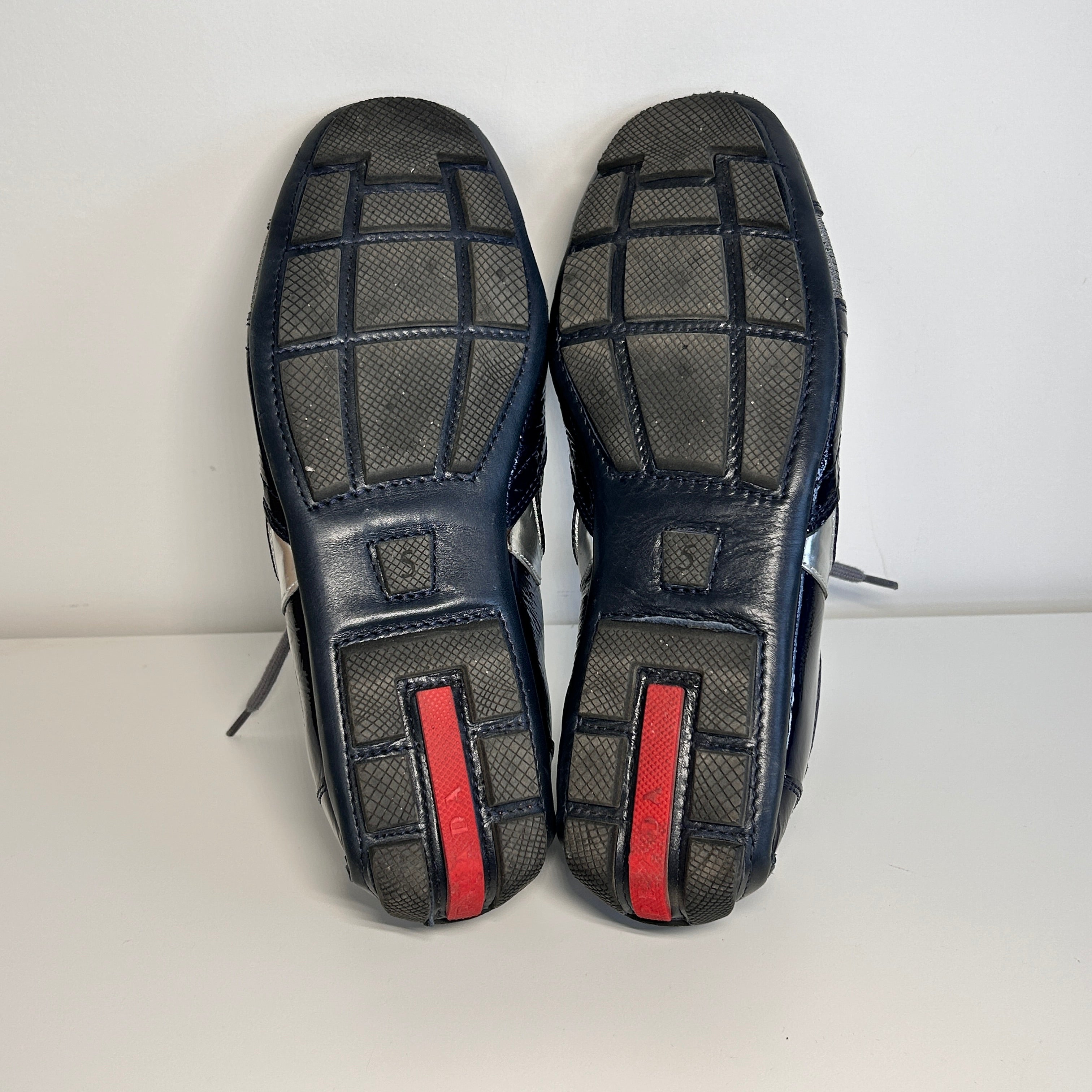 Navy Blue Patent Leather/Gray Nylon Lace Up Sneakers