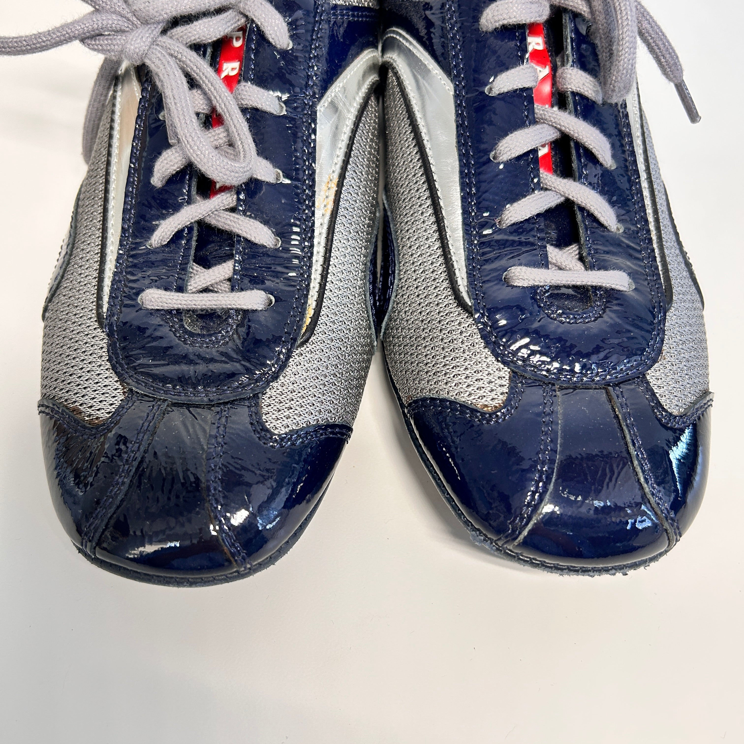 Navy Blue Patent Leather/Gray Nylon Lace Up Sneakers