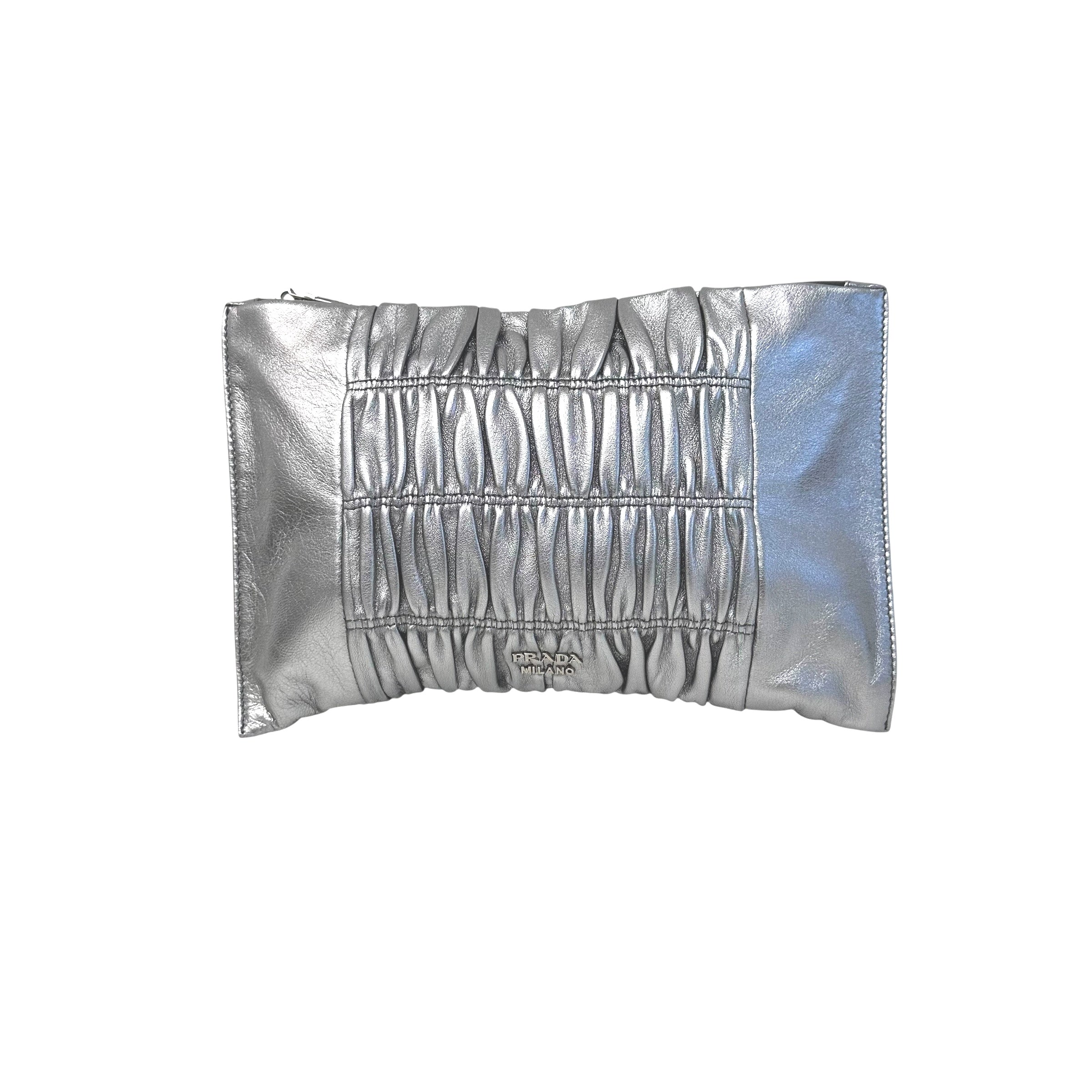 Silver Gaufre Zip Clutch