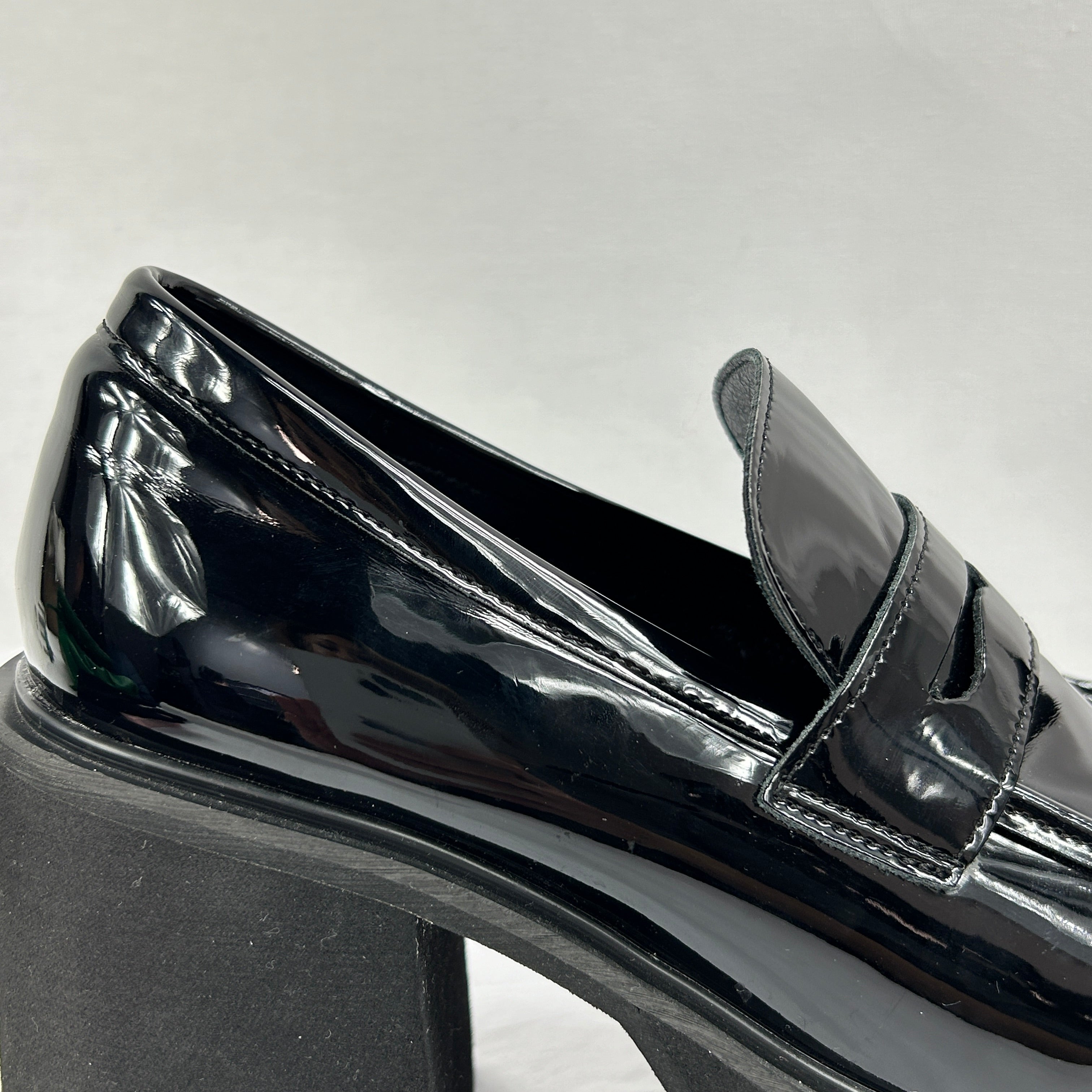 Black Faux Patent Platform Heeled Loafers