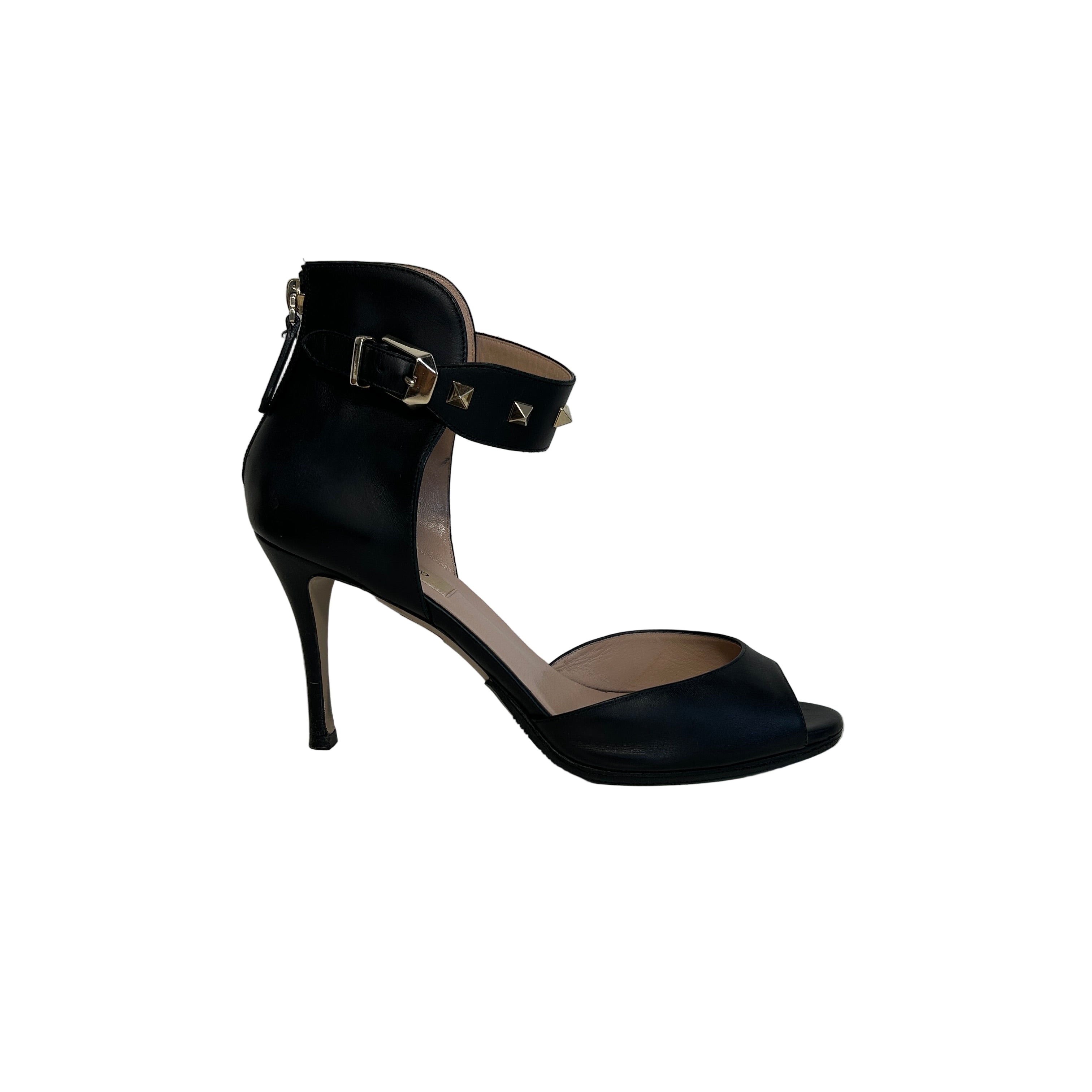 Black Leather Open Toe Ankle Wrap Rock Stud Heels