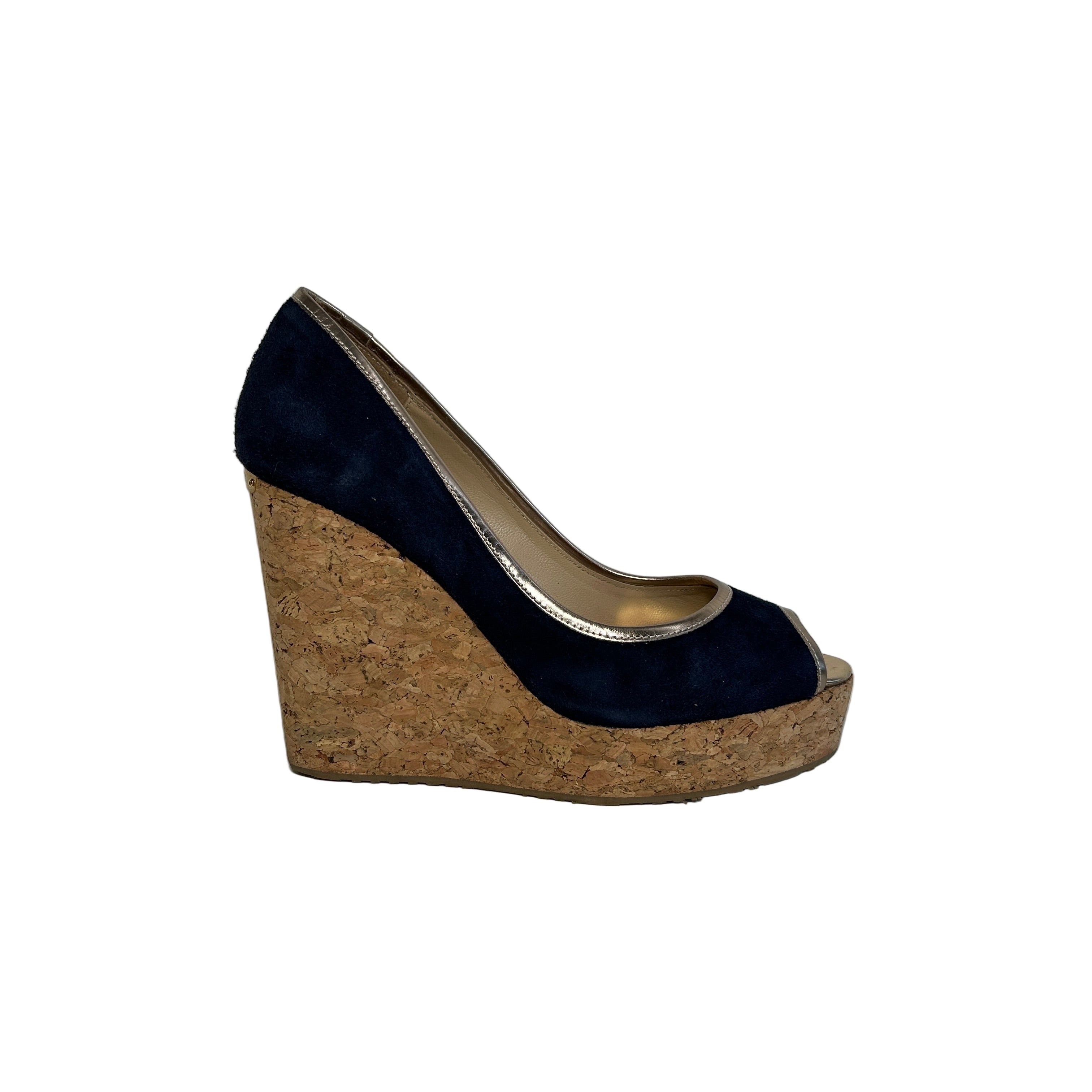 Navy Blue Suede Papina Cork Wedge Pumps