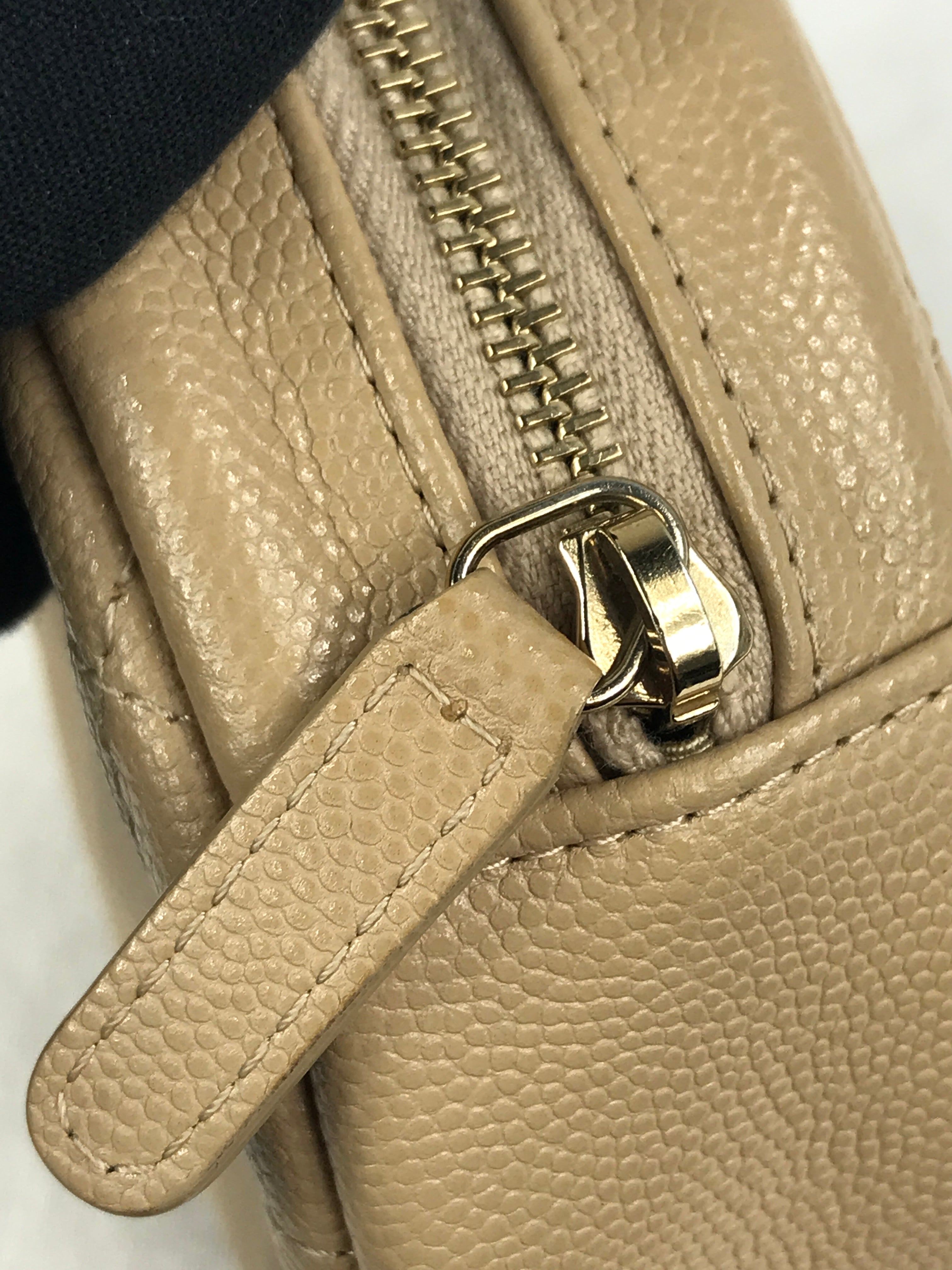 Beige Quilted Caviar Round Crossbody w/GHW