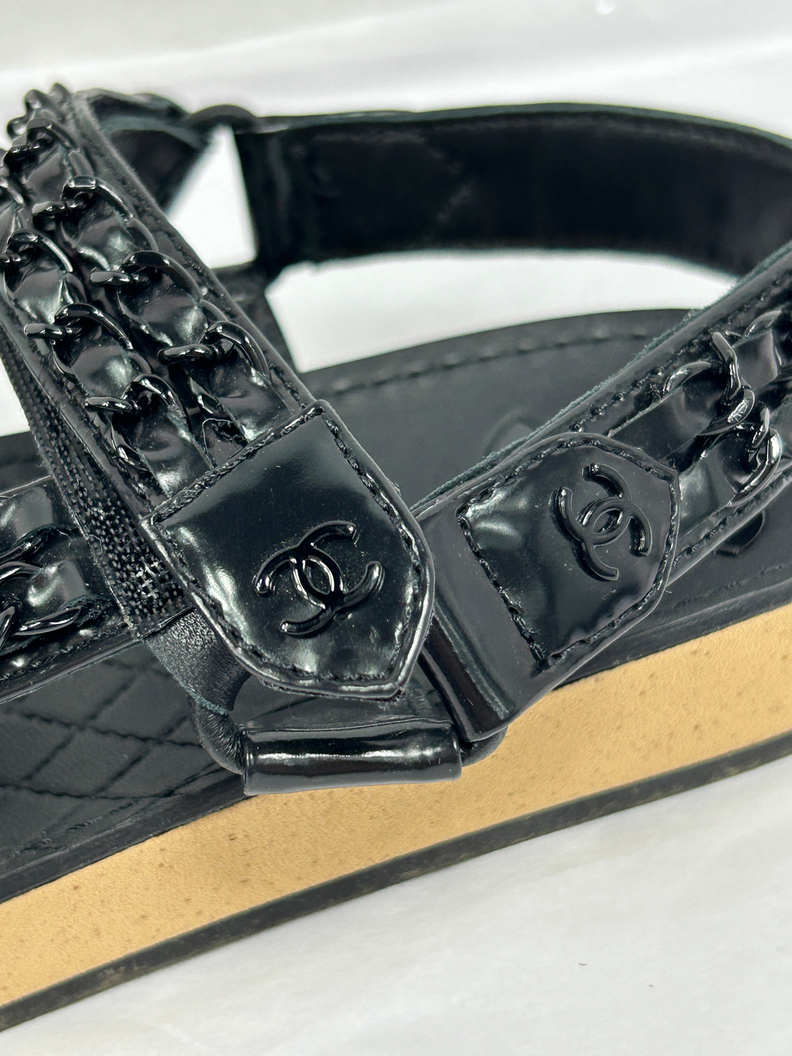 Black Patent Leather/ Chain Interlocking CC Logo Slingback Sandals