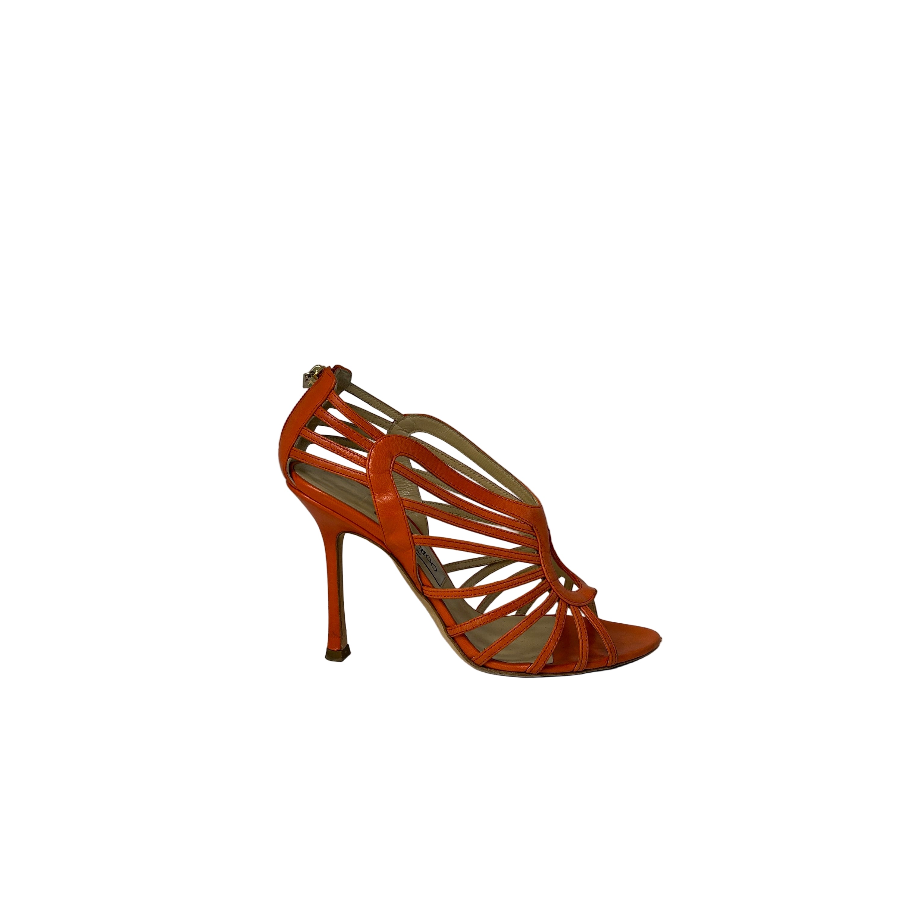 Orange Leather Cut Out Open Toe Sandals