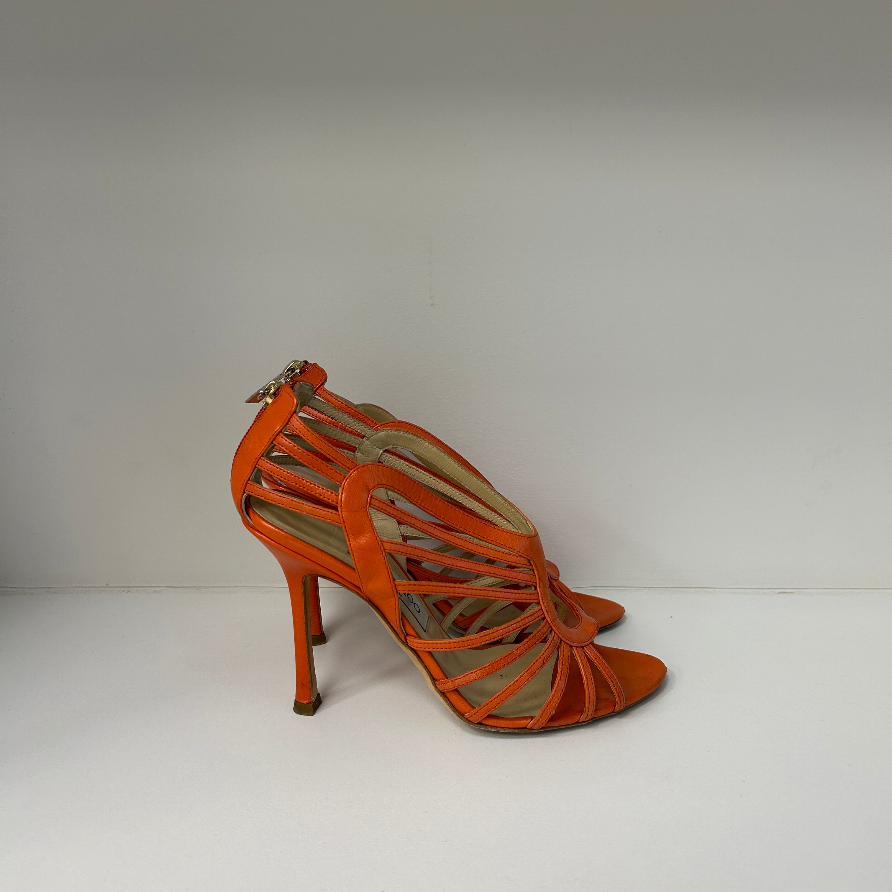 Orange Leather Cut Out Open Toe Sandals