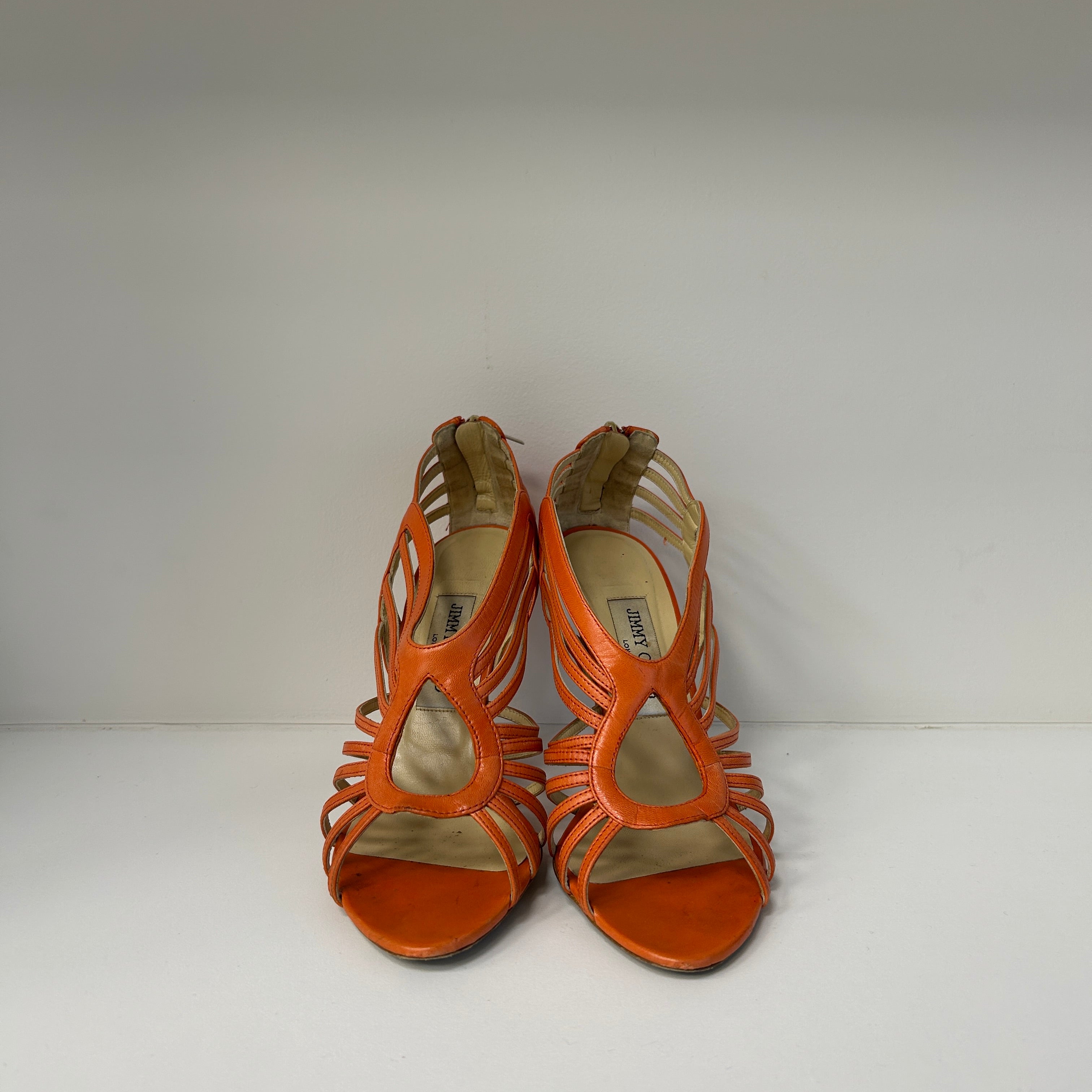 Orange Leather Cut Out Open Toe Sandals