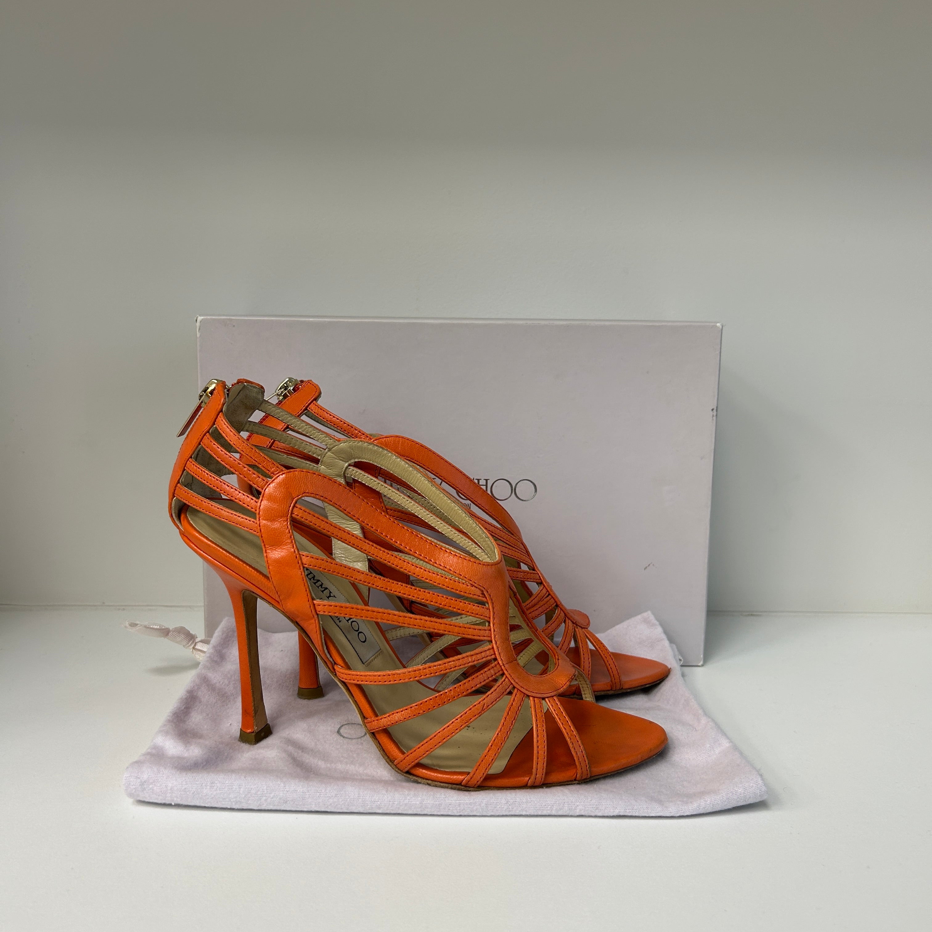 Orange Leather Cut Out Open Toe Sandals