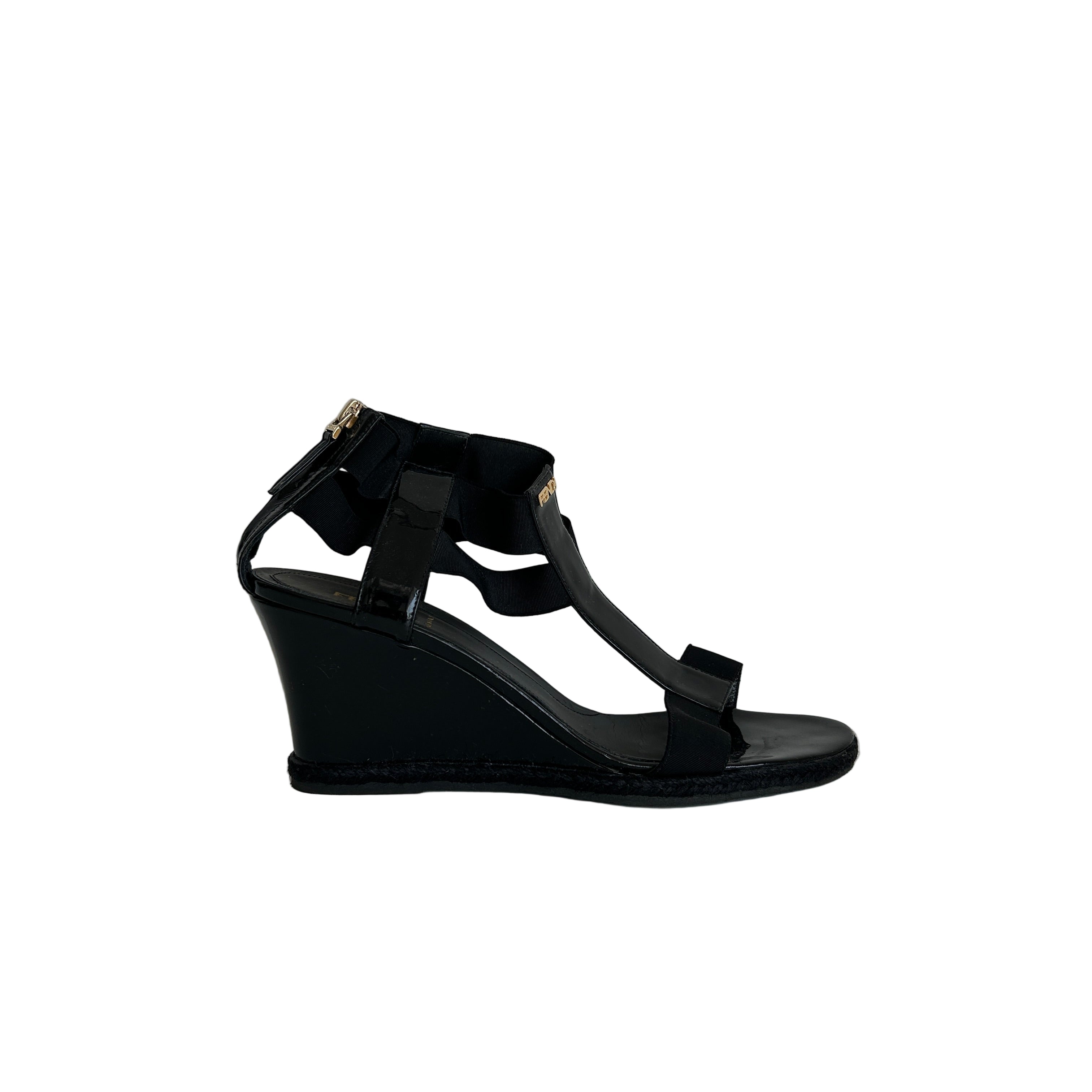 Black Patent Leather and Elastic T-Strap Wedge Sandals