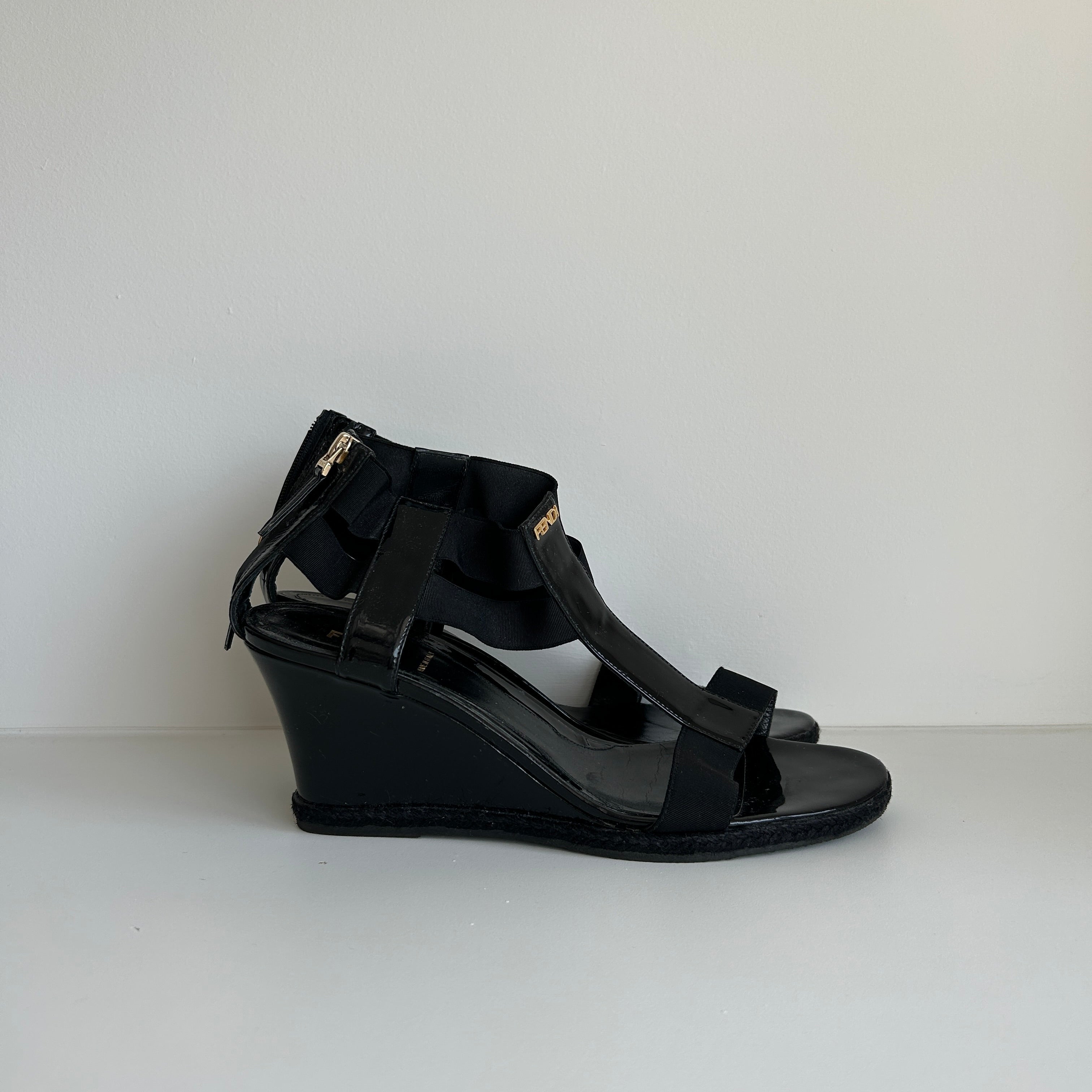 Black Patent Leather and Elastic T-Strap Wedge Sandals